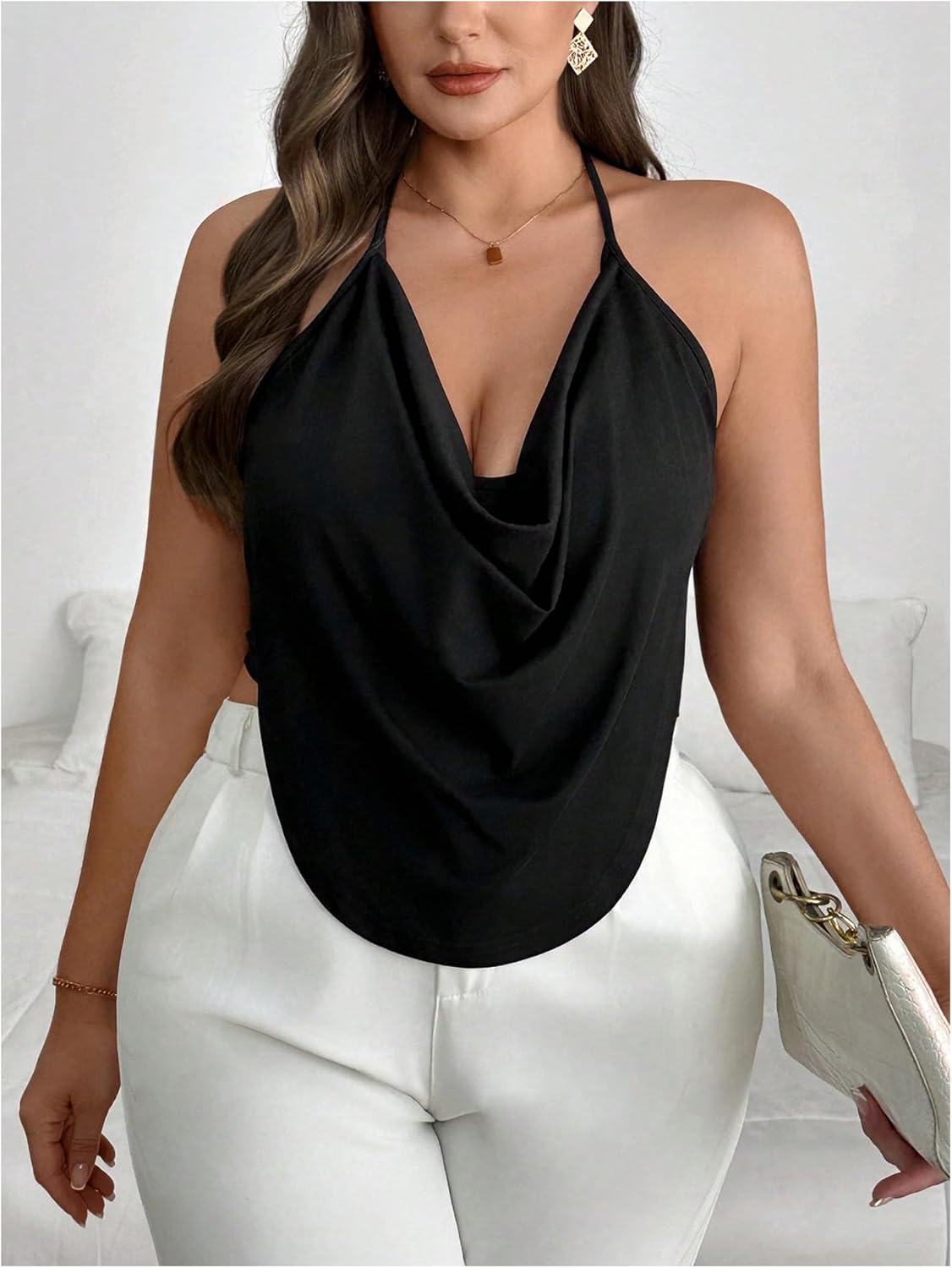 Women's Plus Size Halter Tops for Women Draped Cowl Neck Sleeveless Asymmetrical Crop Low Cut Cami Tops - Image 3