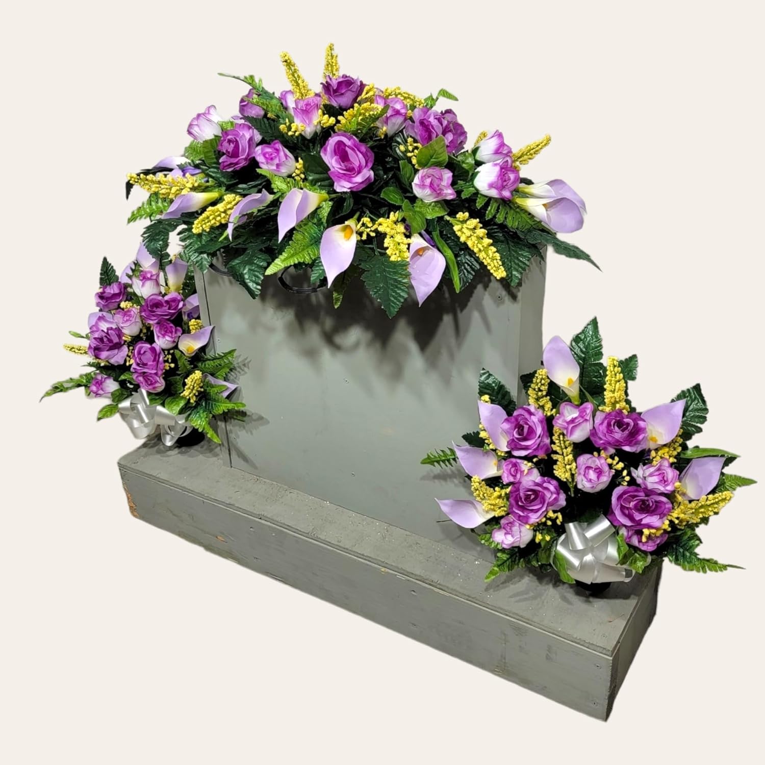 Realistic Artificial Cemetery Flowers - Silk Faux Floral Lavendar Rose and Calla Lily - Bouquet Pair for Grave - Headstone Saddle - Memorial Flowers