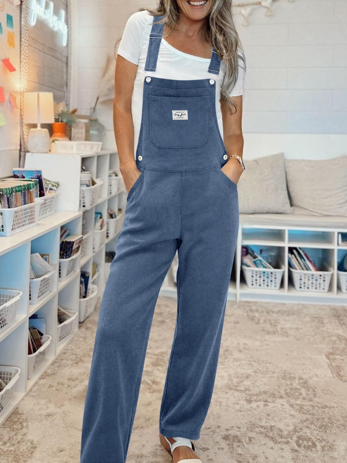 Cicy Bell Damen Cord-Latzhose, lässig, verstellbarer Riemen, weites Bein, Overall, Baggy, trendig, langer Strampler mit Taschen