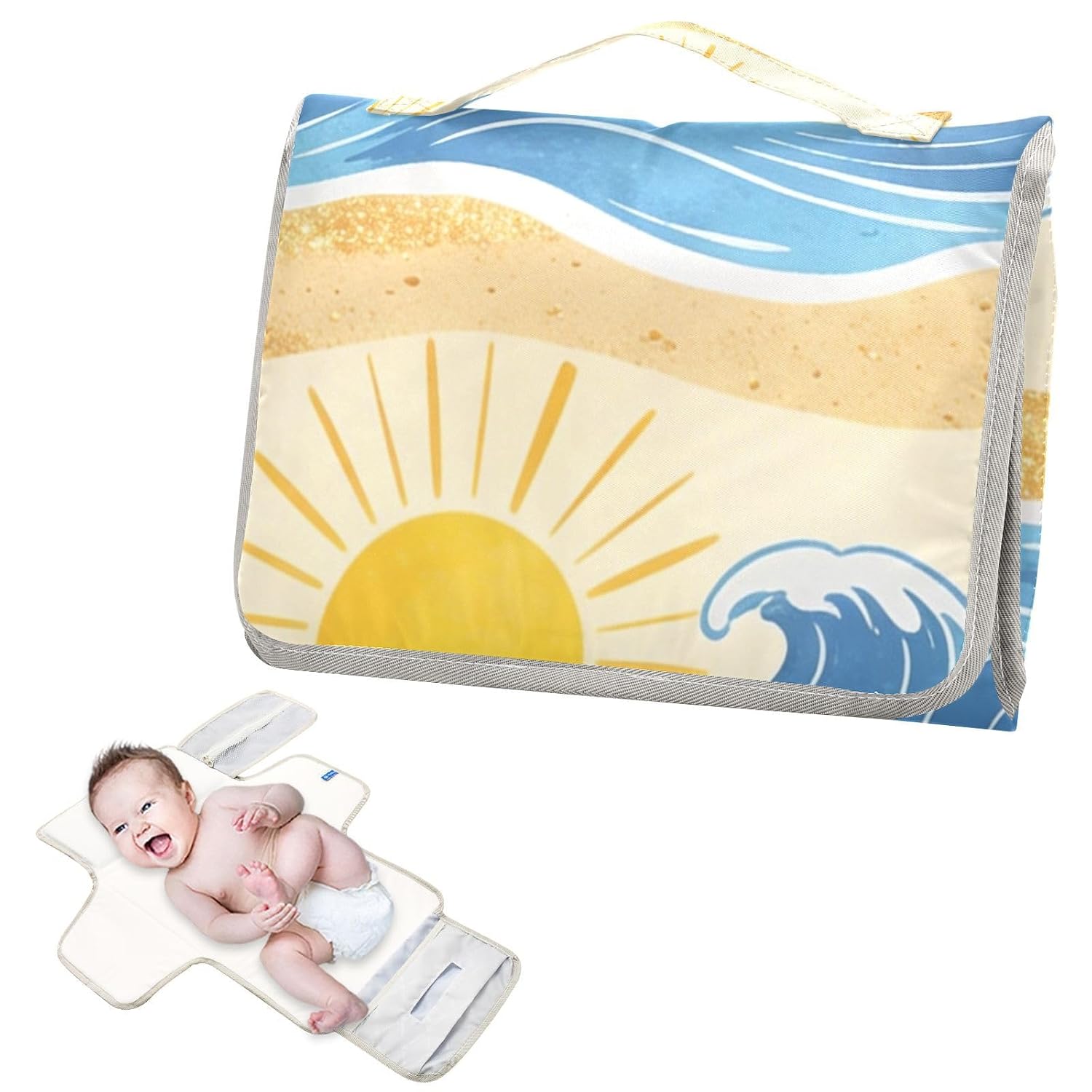 Waves Sun Summer Beach Reusable Baby Changing pad with Tissue Pocket Portable Diaper Changing pad Lightweight & Foldable Changing Station cambiador de pa?ales para Bebes