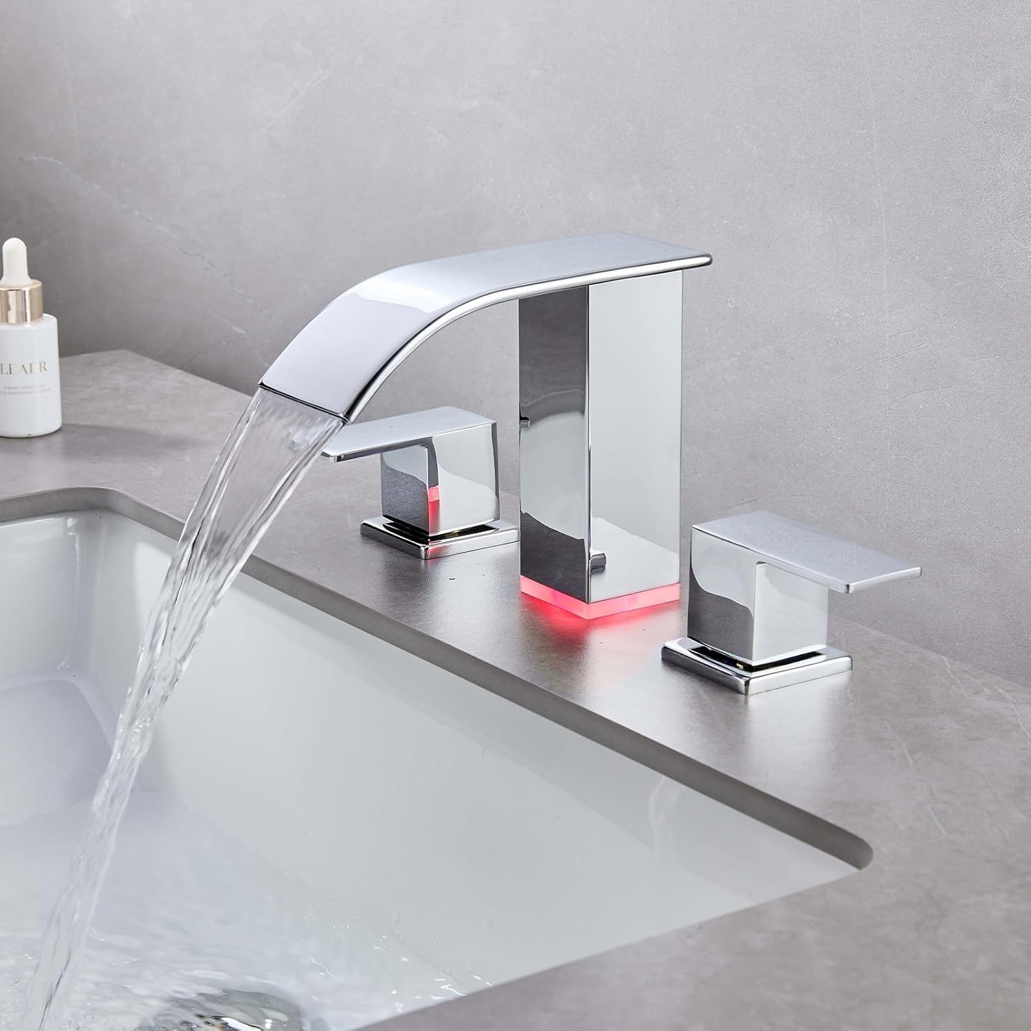 LED Light Bathroom Faucet 3 Holes - 8 Inch Widespread Bathroom Sink Faucet | Two Handles Lavatory Vanity Waterfall Sink Faucets with Pop-up Drain Assembly & Supply Lines