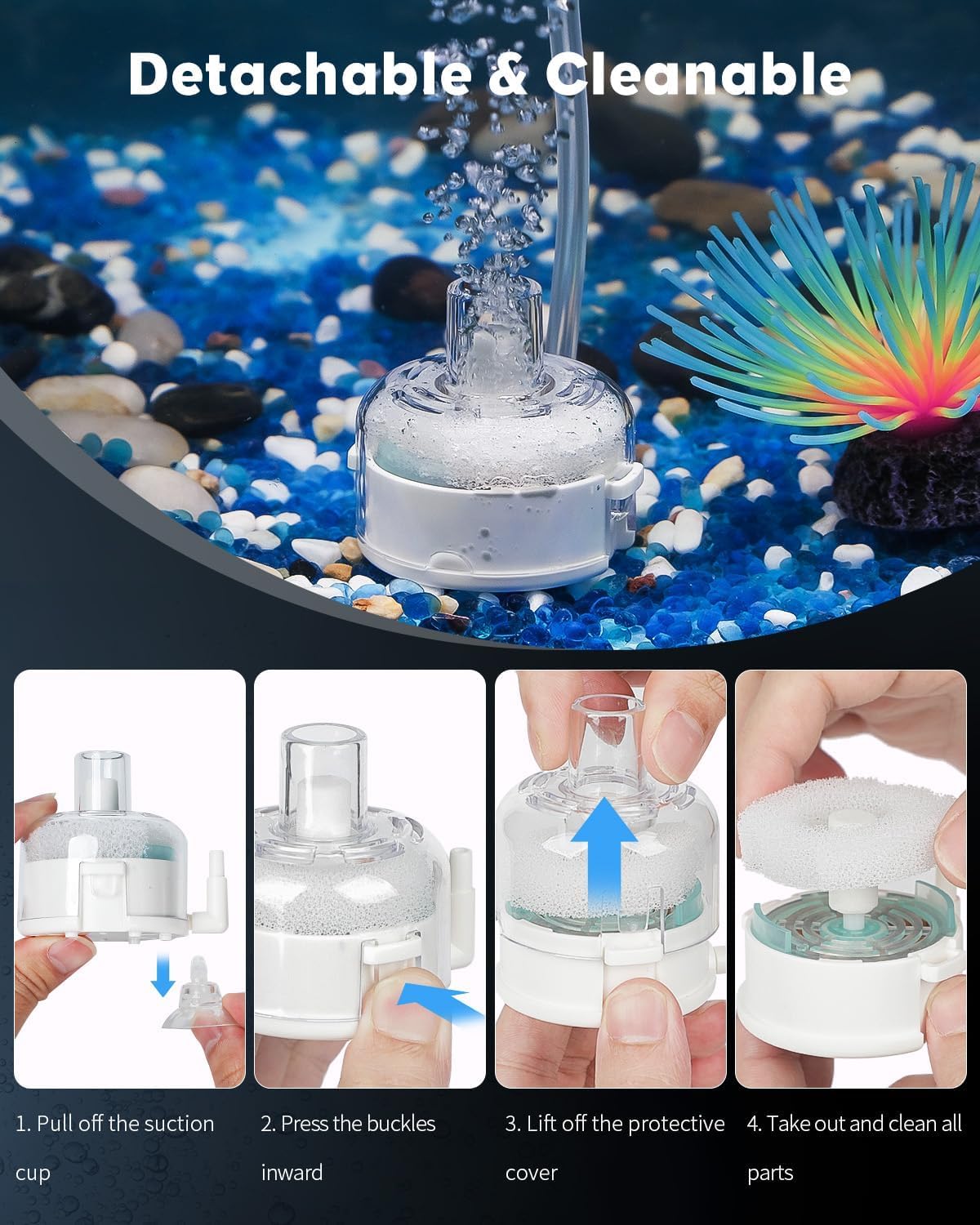 Four-step visual guide on how to detach and clean the aquarium sponge filter