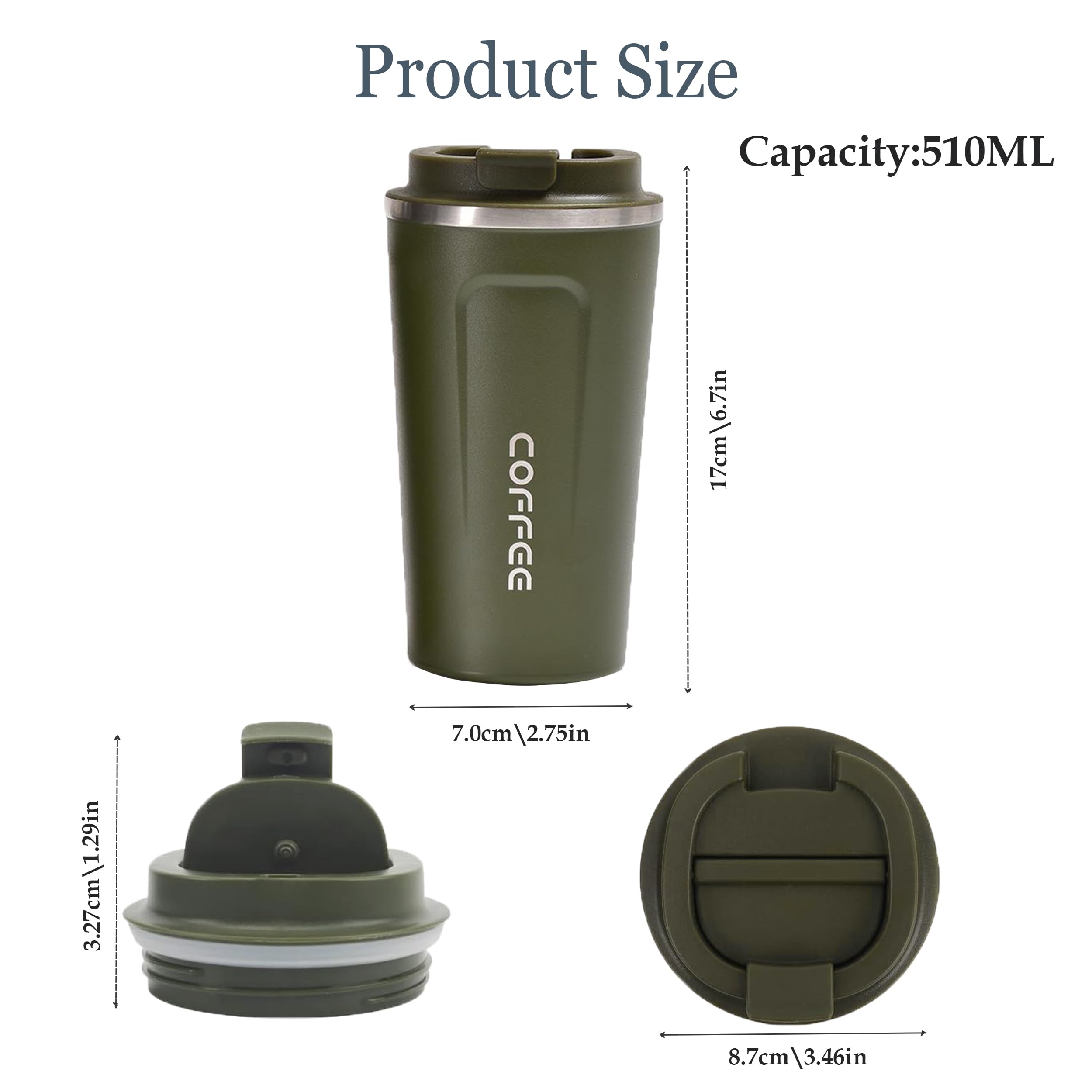 Shunshi Insulated Travel Mugs - Reusable Coffee Cups with Leakproof Lid - Keeps Drinks Hot or Cold (Green/510ML) - Image 2