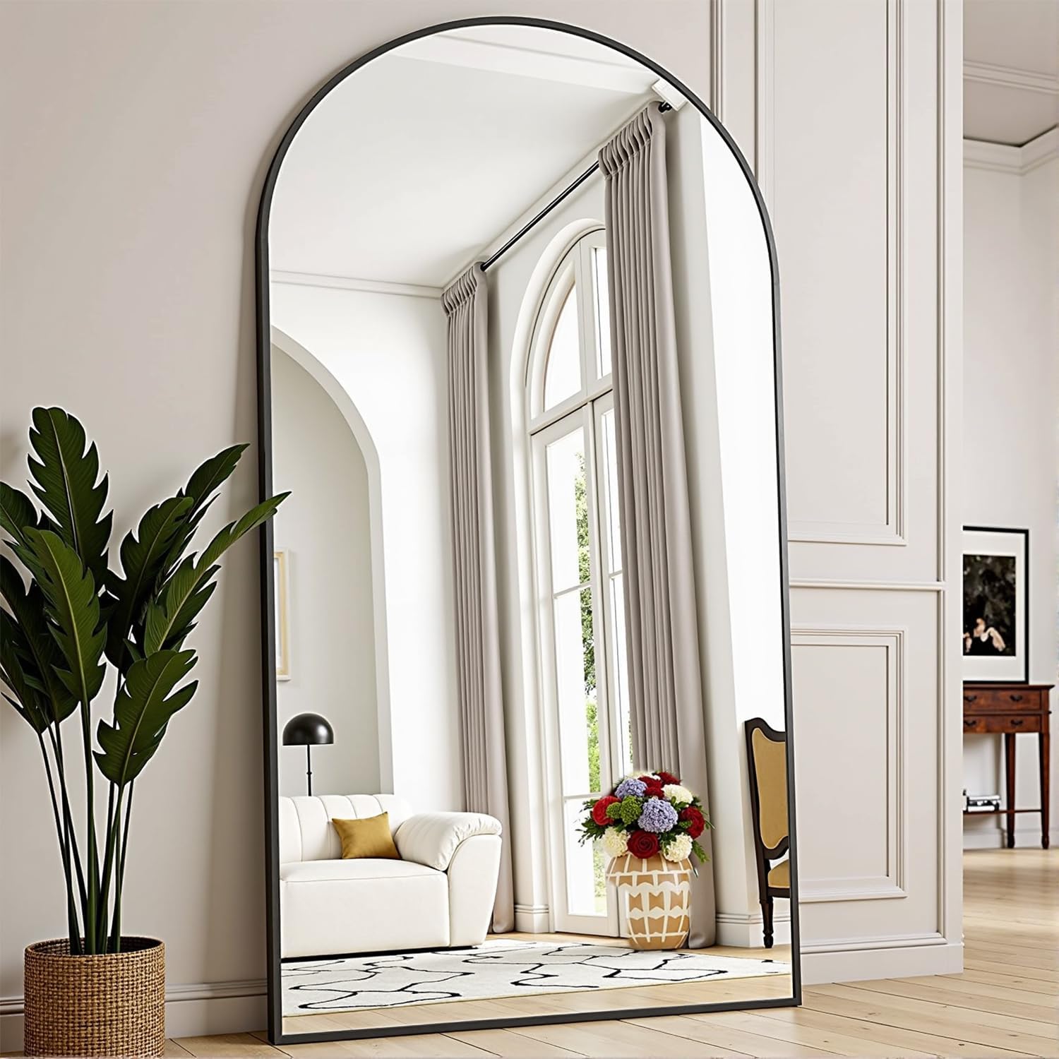 TinyTimes 76''x34'' Arched Floor Mirror, Full Body Mirror with Stand, Modern & Contemporary Design, Aluminum Alloy Frame (Black)