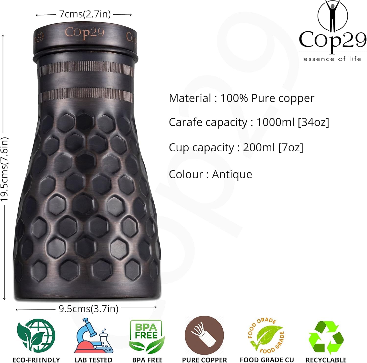 Cop29 Dolny - Botella de agua hecha a mano con diseño de panal antiguo de cobre para dormitorio, jarra con tapa, jarra de agua para mesita de noche (uso en interiores con tapa suelta) – 1000 ml/34oz