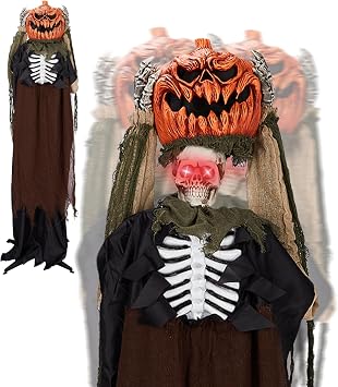 Outvita 5.6FT Pumpkin Man with Crooked Head Halloween Decor, Standing Poseable Halloween Decoration w/Pre Recorded Phrases, LED Glowing Eyes, Adjustable Arms