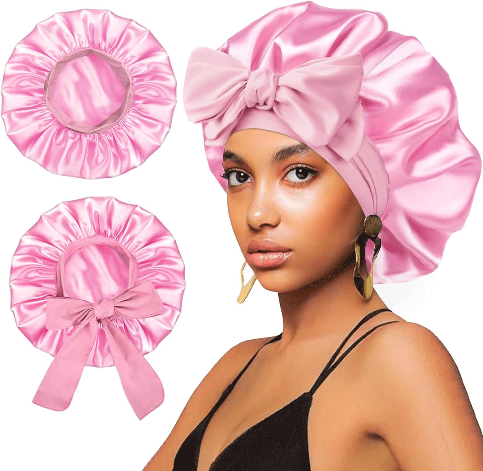 2Pcs Satin Silk Hair Bonnet for Sleeping Women,Large Bonnets with Elastic Wide Tie Band Silk Sleep Cap,Hair Wrap Night Cap with Adjustable Straps for Black Women Curly Hairs Jumbo Bonnet Braid - Pink