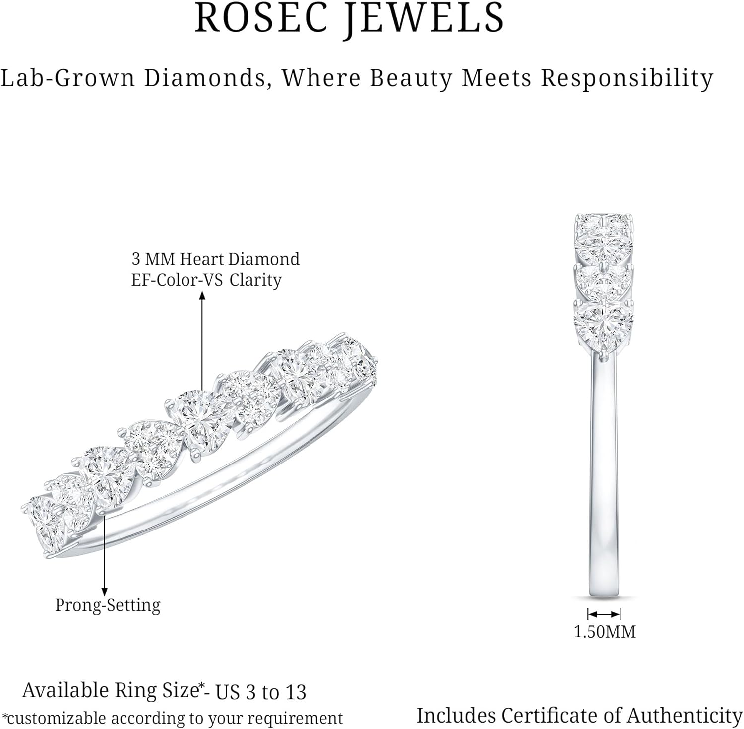 Certified Lab Grown Diamond Heart Wedding Ring, Ef-Vs Quality, Diamond Eternity Band For Women - Comes With Gift Box