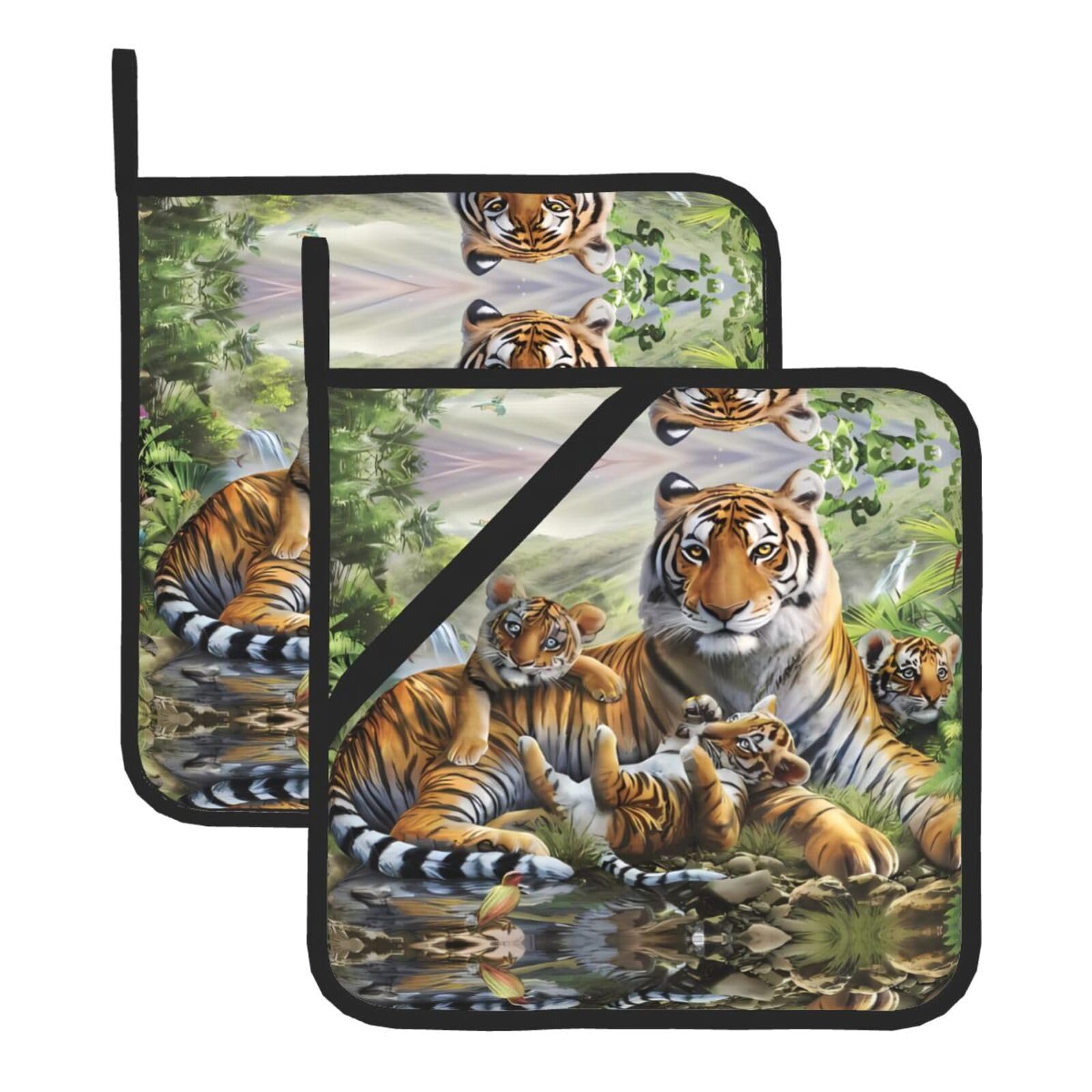 HJFCZH Jungle Tigers Cub Prints Square Hot Pads for Kitchen Counter - Waterproof Pot Holders, Durable Heat Resistant Throw Layers for Serving, Oven & BBQ - 2 Pack