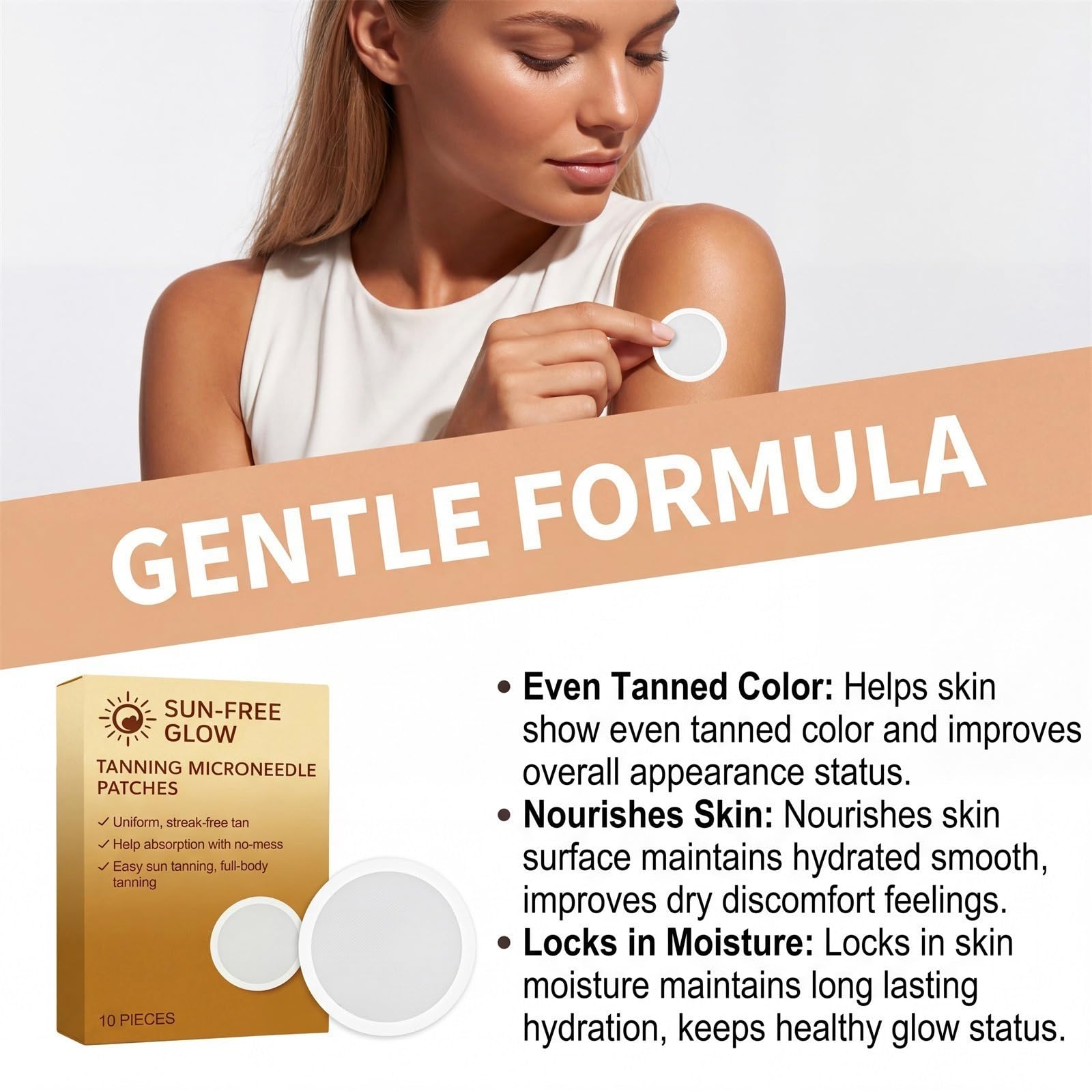 Sun Free Glow Tanning Patch, Micro-needle Autoabbronzante Patch per Unisex, Natural Bronze Finish, Even Skin Tone, Anti-Orange Hue, Hydrating Formula Fits All Skin Types