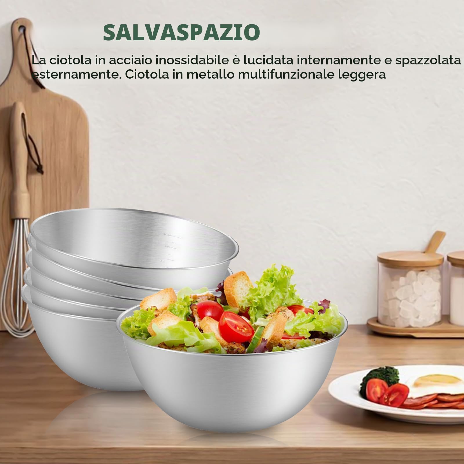 Set Di 6 Ciotole in Acciaio Inox, Ciotola Insalatiera, Ciotole Acciaio Inox con Misurazione, Lavabili in Lavastoviglie, Impilabili, per Ciotola di Cereali, Salse, Snack, Mescolare (1.2L, Ø 19.3 cm)