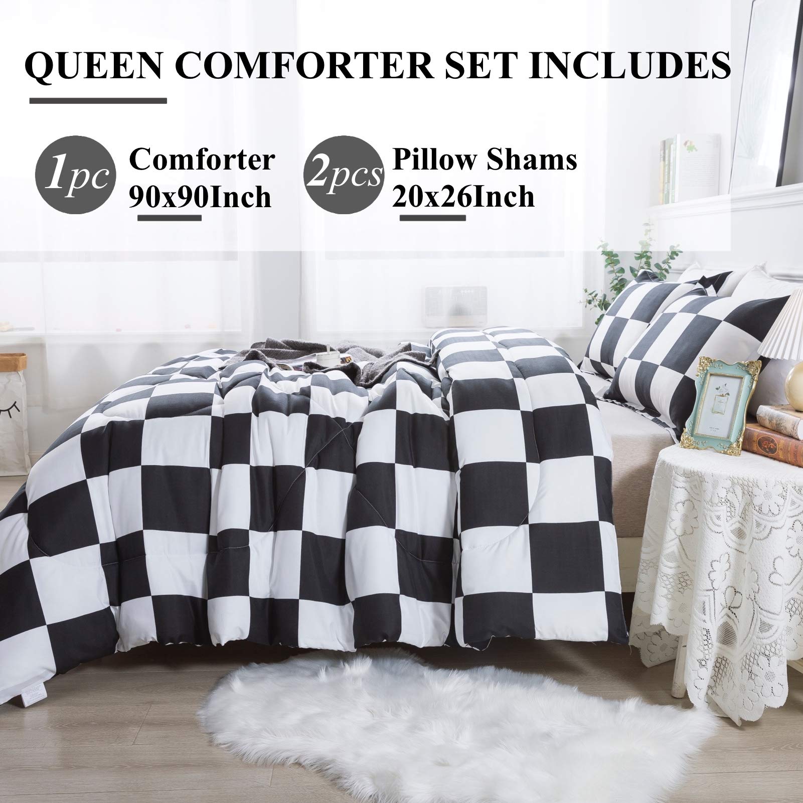 Andency Checkered Comforter Queen(90x90Inch), Black White Plaid Gingham Bed Set for Teen Boys Kids, Lightweight Microfiber Geometric Preppy Bedding, 3 Pieces