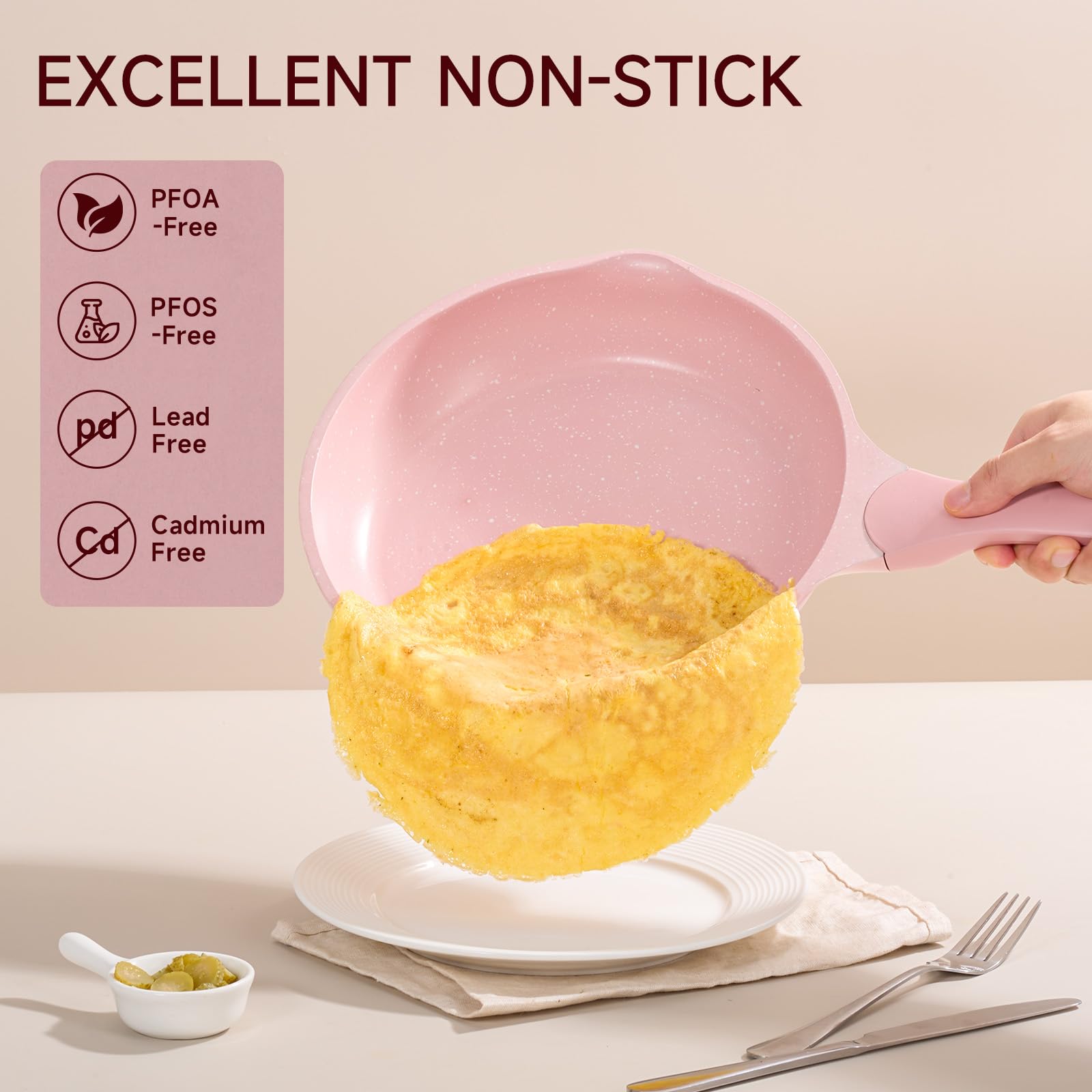 JEETEE Essential Pot Sets Juego de Sartenes 23 piezas, Juego de ollas y sartenes de granito antiadherente, Juego de ollas de inducción y de cocción con tapa, Rosado