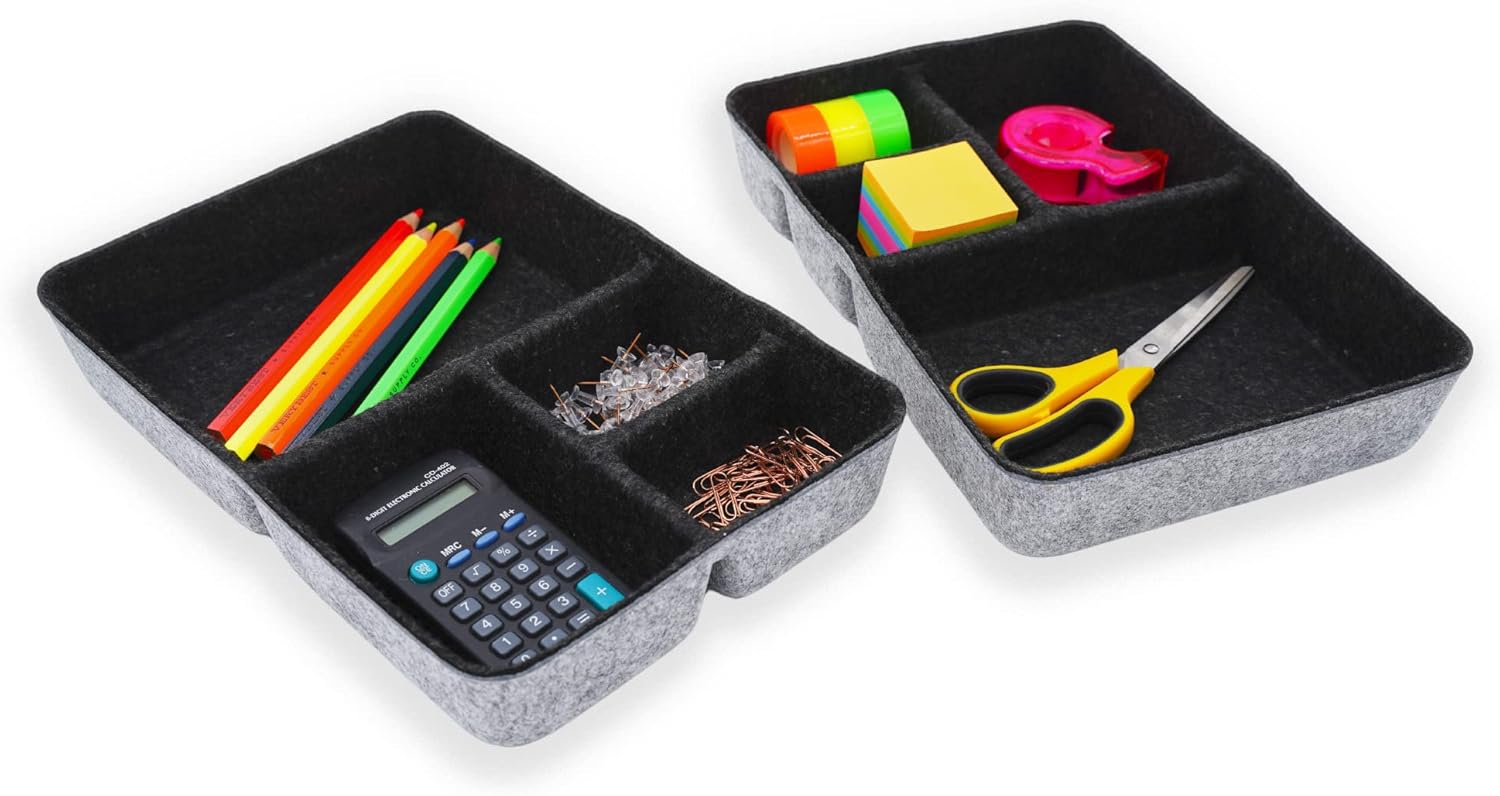 Junk Drawer Organizer bin 4 Compartments Office Organizers Bins Felt Trays Drawers 2 dividers Multi-Purpose Storage (Charcoal x 2)