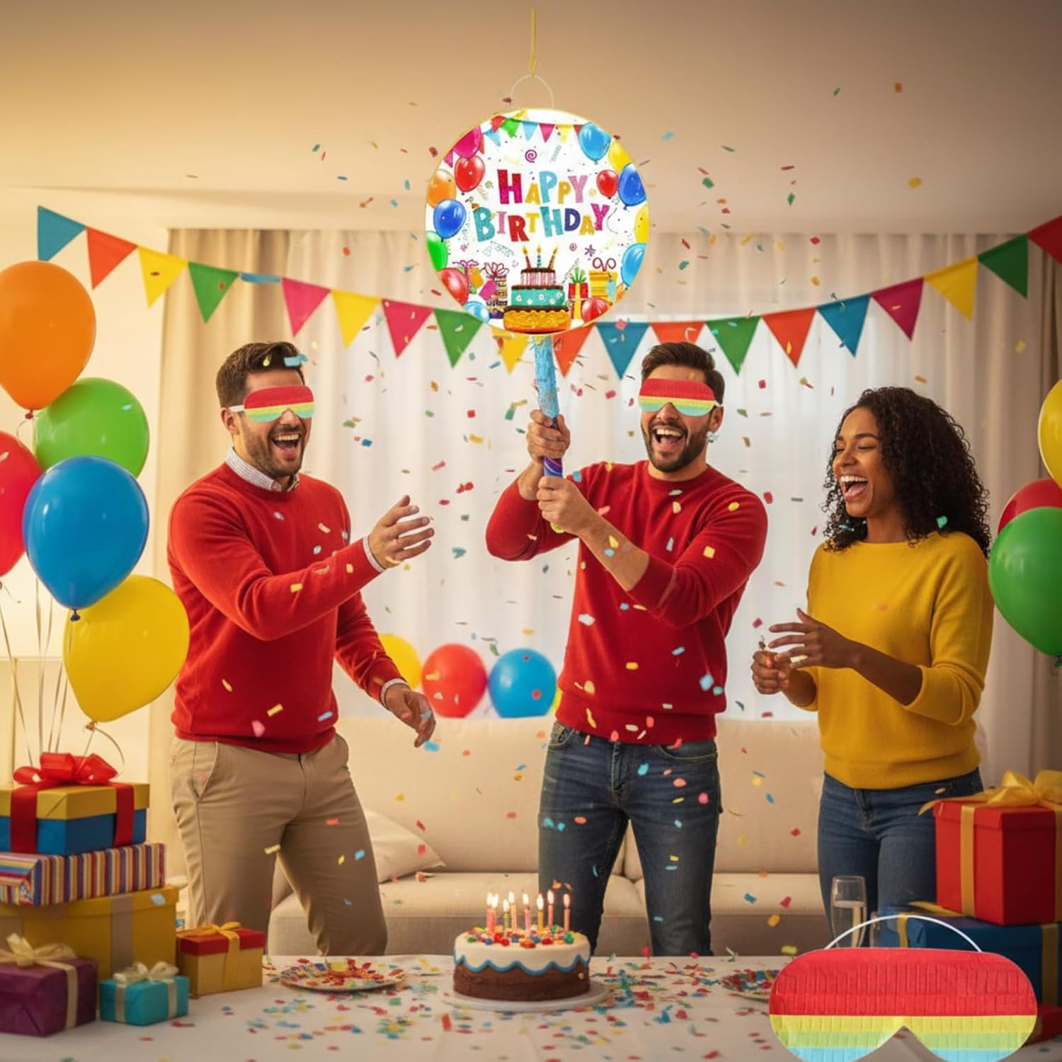 Aoriher Birthday Piñata Birthday Piñata Colorful Happy BDAY Balloons Piñata with Bat Stick Blindfold Mask for ‌Colorful ‌BDAY Theme Party Game Supplies Decoration, 12.6 x 12.6 x 3 Inch