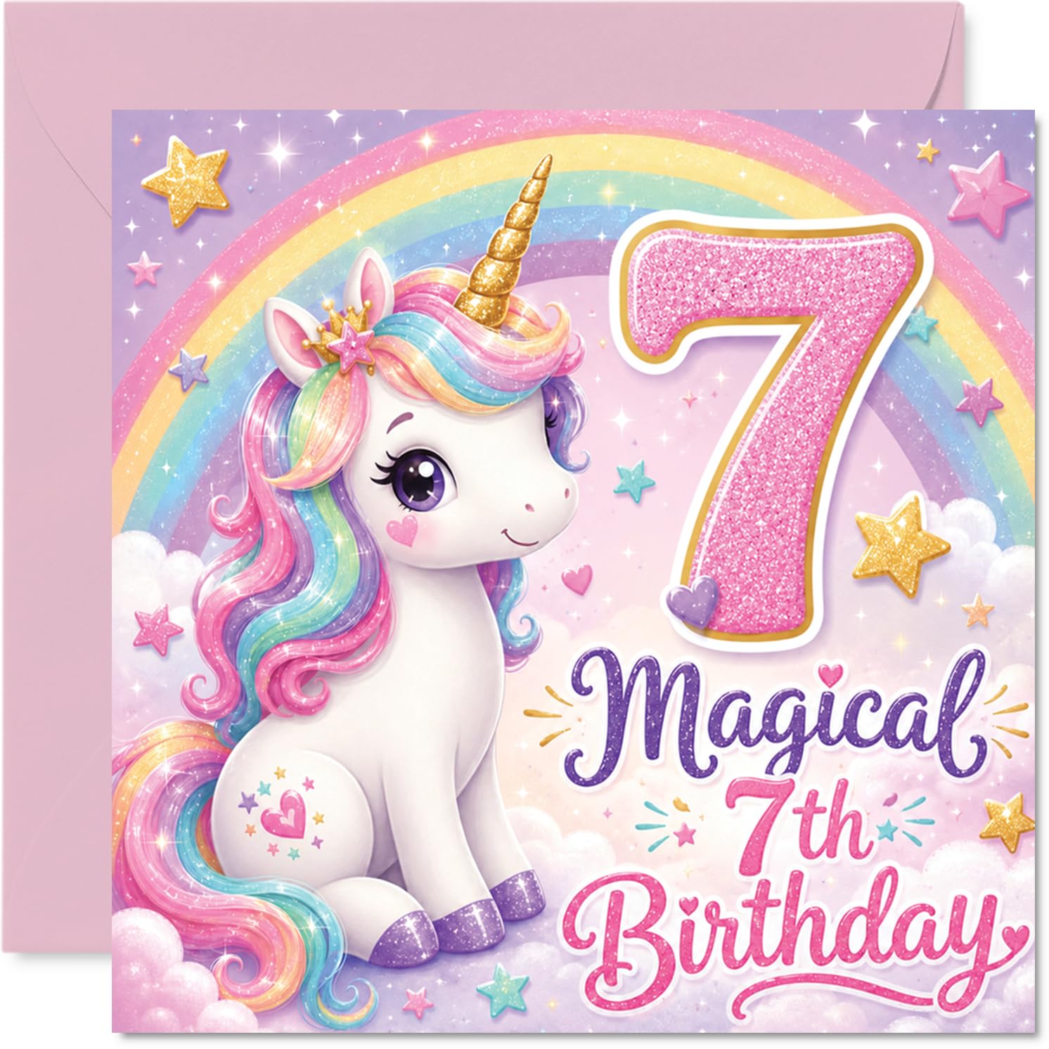 Cute 7th Birthday Card - Magical Seventh Birthday Vibes - Pastel Unicorn, Rainbow and Sparkling Stars on Dreamy Clouds - 145mm Square, Envelope Included