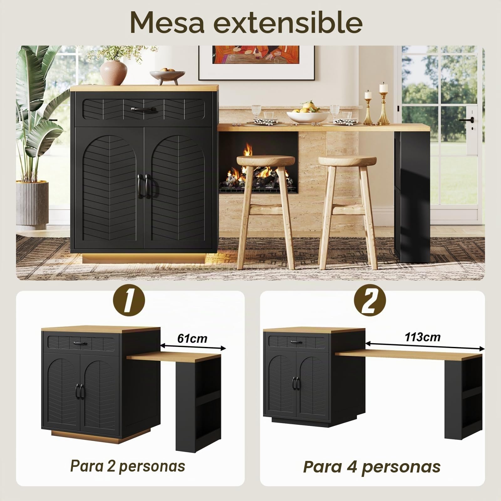 YEHTOKHOME Isla Central Cocina con encimera extensible 140-193 cm, mesa de bar con almacenamiento, 2 cajones y 4 puertas, armario de vino, iluminación LED, para 4-6 personas, comedor (negro)