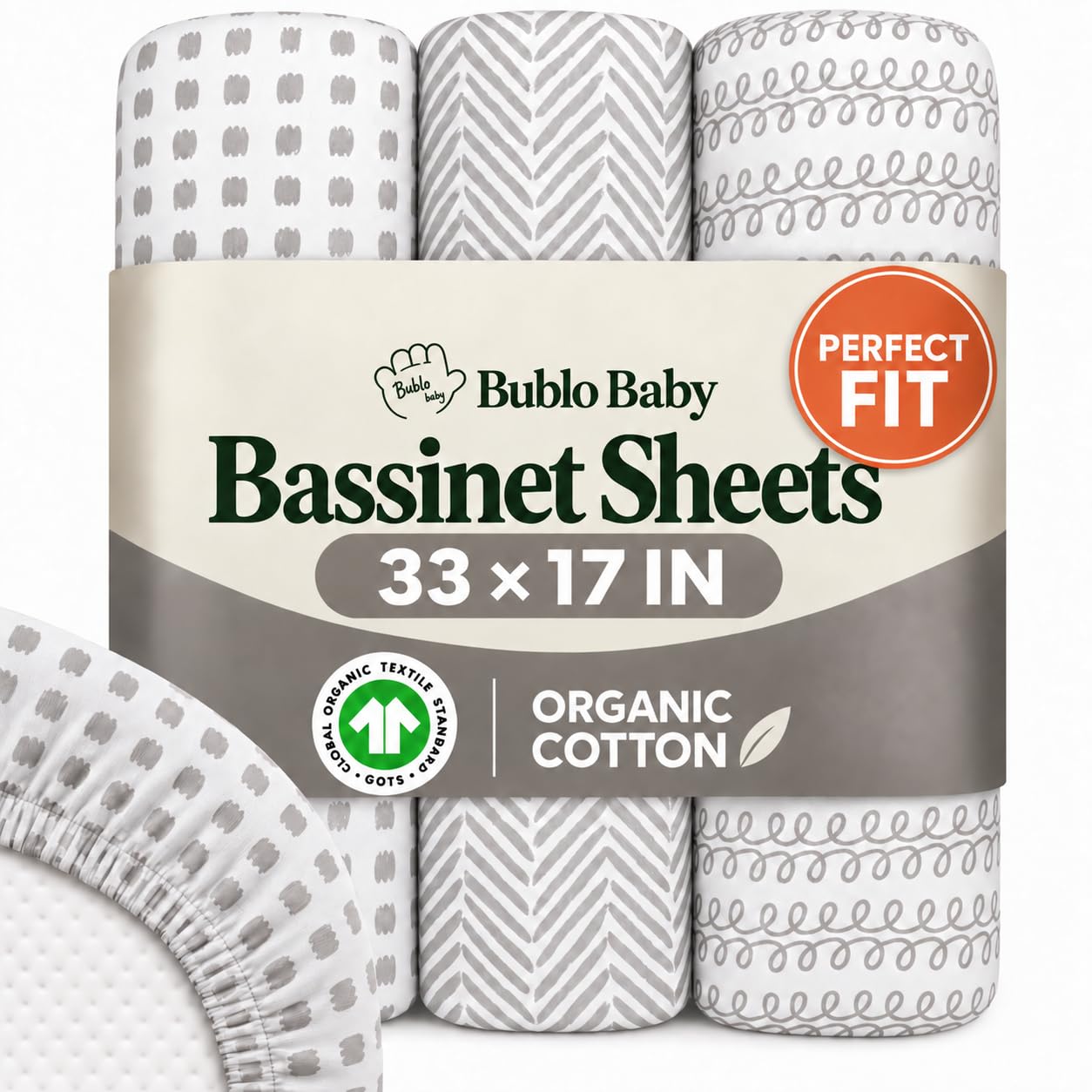 Bublo Baby Organic Bassinet Sheets 3 Pack, 33x17 Fitted Sheet for Boys & Girls, Soft 100% Jersey Cotton, Universal Fit for Halo Bassinest, Baby Delight, Graco, Oval & Rectangle Mattress — image 1