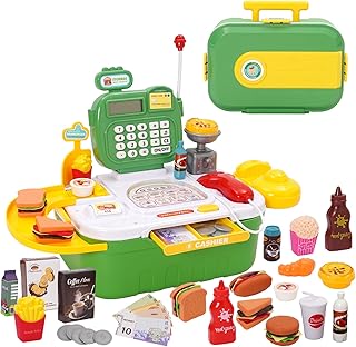 Toy Cash Register, 44 Pcs Pretend Play Playset with Scanner, Calculator, Weighing Machine & Microphone. Includes Fake Dessert, Drink & Tableware, Pretend Play Money - for Toddlers (Burger Shop)