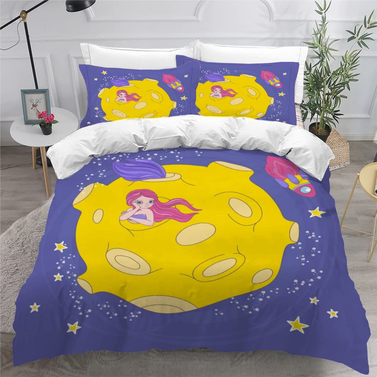 Housse de couette 200x200 sirène avec 2 taies d'oreiller pour lit enfant