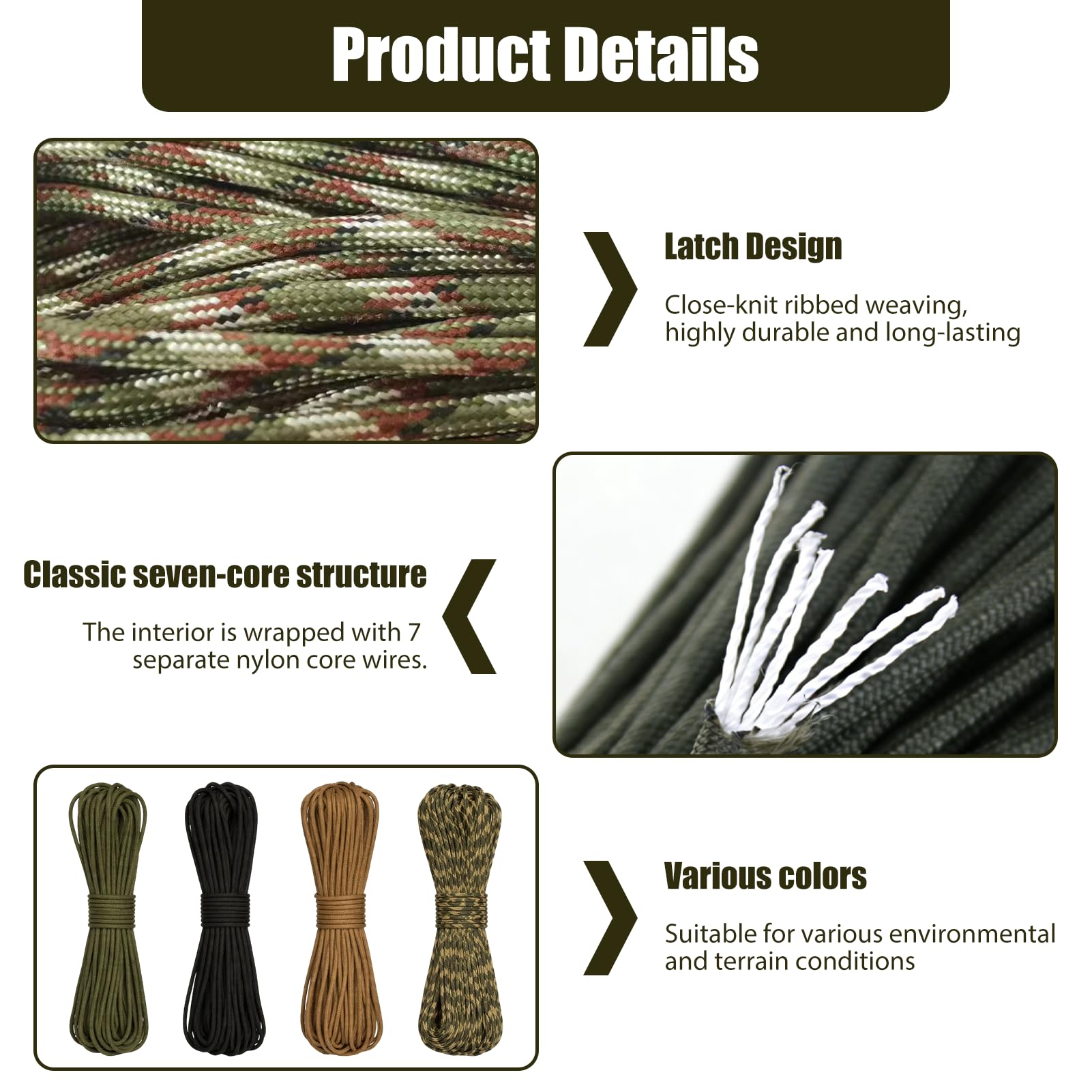 4 Piezas 8 Metros Paracord Cuerda de Nailon Paracaídas Diámetro 4mm, Cuerda Resistente con 7 Hilos de Nylon 100%, Capacidad de Carga, Ideal para Camping, Escalada y Pulseras Paracord — view 3