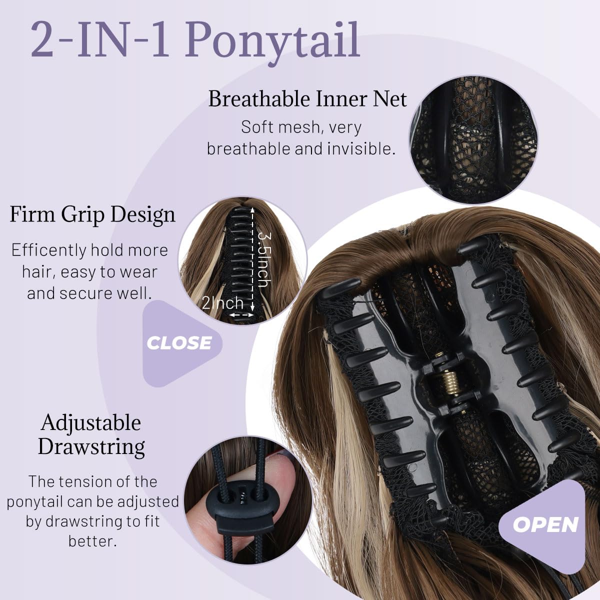 JIAMEISI Ponytail Extension 18 Inch Claw Clip Ponytail Hair Extensions Long Curly Wavy Highlight Clip in Pony Tails Extension Synthetic Fluffy Hairpiece for Women (Chestnut Brown Mixed Ash Blonde) - Image 4