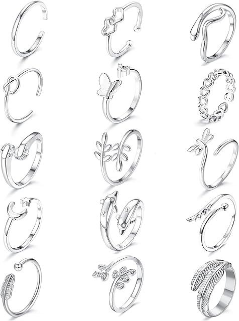 ADRAMATA 15Pcs Adjustable Silver Rings for Women Minimalist Heart Feather Leaves Knot Stackable Rings Set Open Thumb Rings for Women Girls