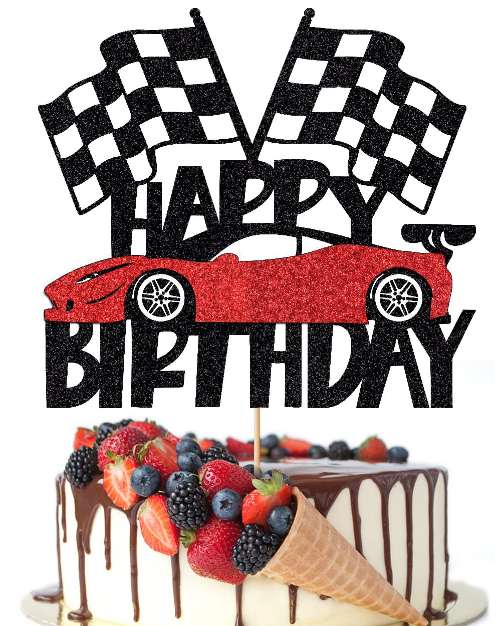 Crseniny Happy Birthday Cake Topper，Race Car Cake Topper, Birthday Sign Transportation Theme Party cake Decorations,Racing Car Checkered Flag Themed