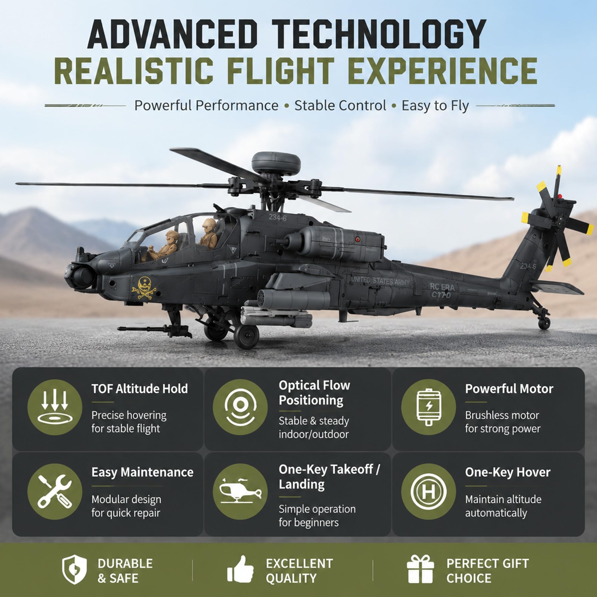 Elicottero RC C170 AH-64D scala 1/48 elicottero radiocomandato flybarless a 6 canali 2.4G con posizionamento a flusso ottico TOF mantenimento dell'altitudine 2 batterie - RTF(Gray)
