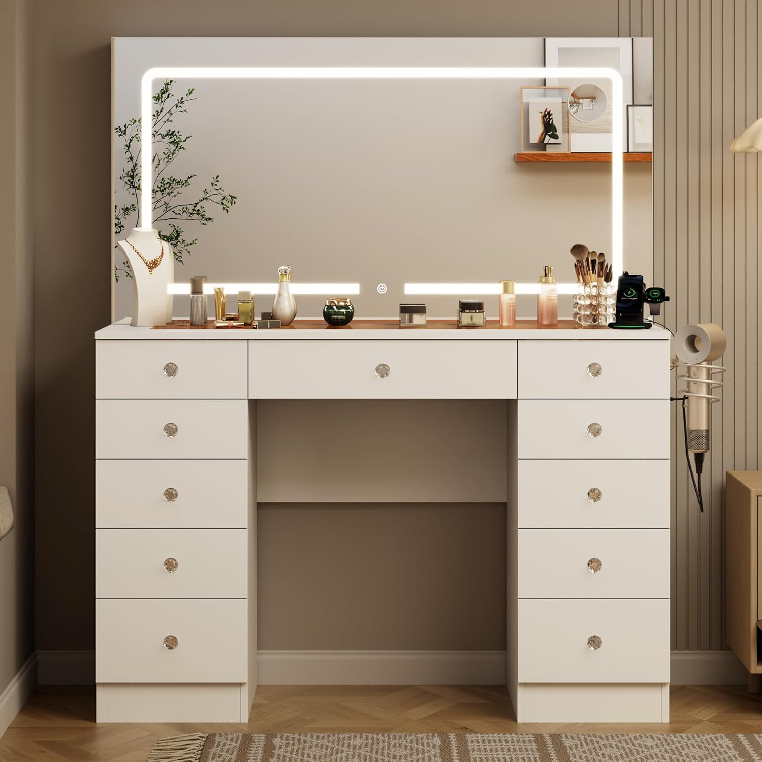 White Vanity with Lighted Mirror, 11 Drawers Vanity Mirror with Lights, 46" Makeup Vanity Desk with 3 Lighting Modes Adjustable Brightness, Vanity with Glass Top for Bedroom