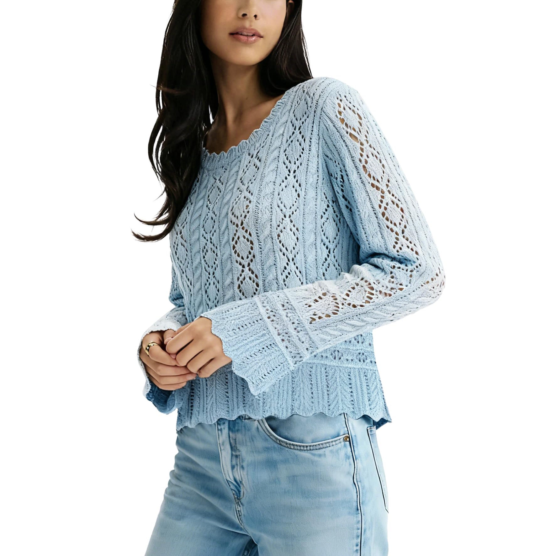Womens Light Blue Knit Sweater Long Sleeve Scalloped Hem