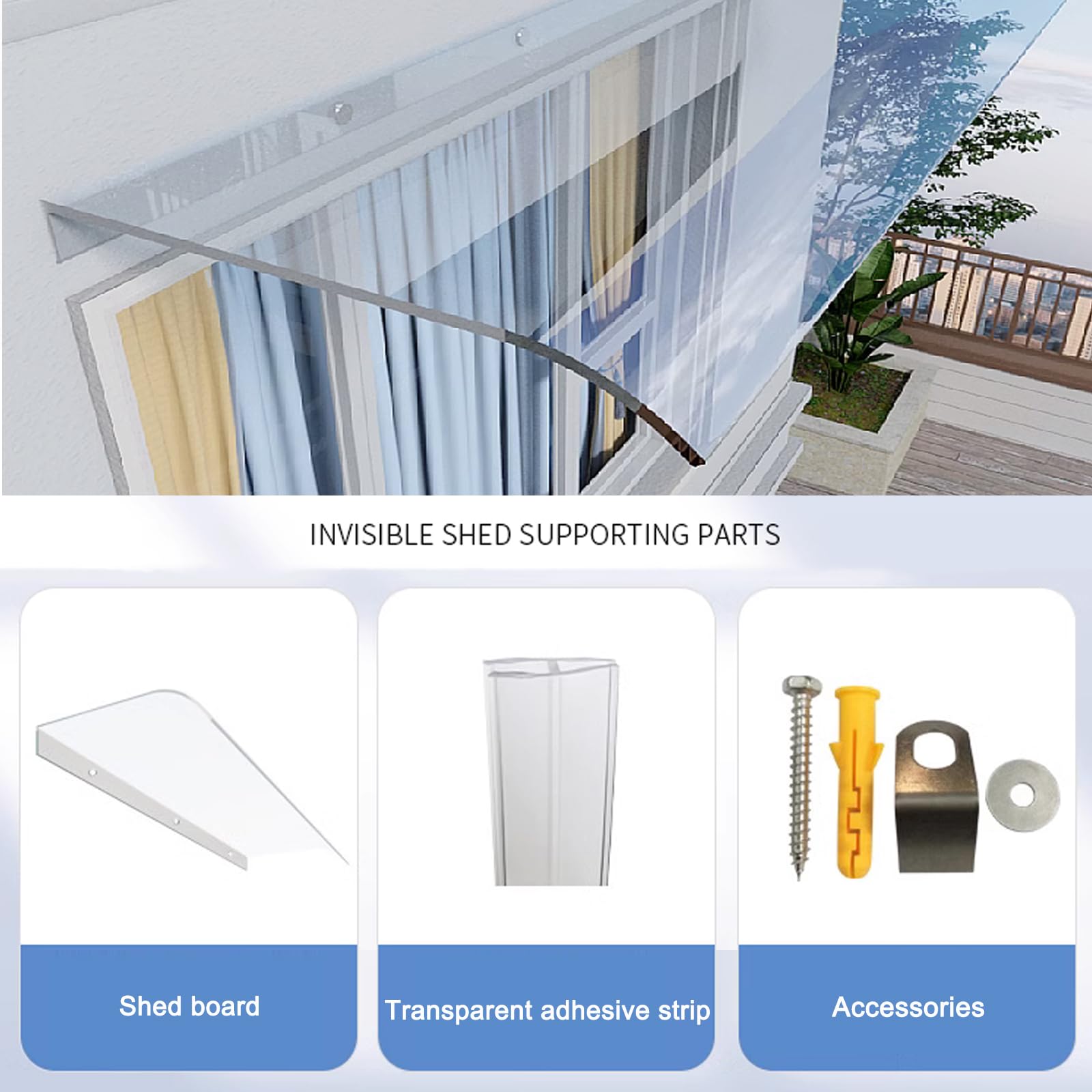 Marquesina para Puertas Invisible,Tejadillo de Protección Transparentes,Toldo para Puerta de Policarbonato,Tejadillo Puerta,Toldo Cubierta de Porche,para Lluvia y Nieve (40x210cm/16 x83)