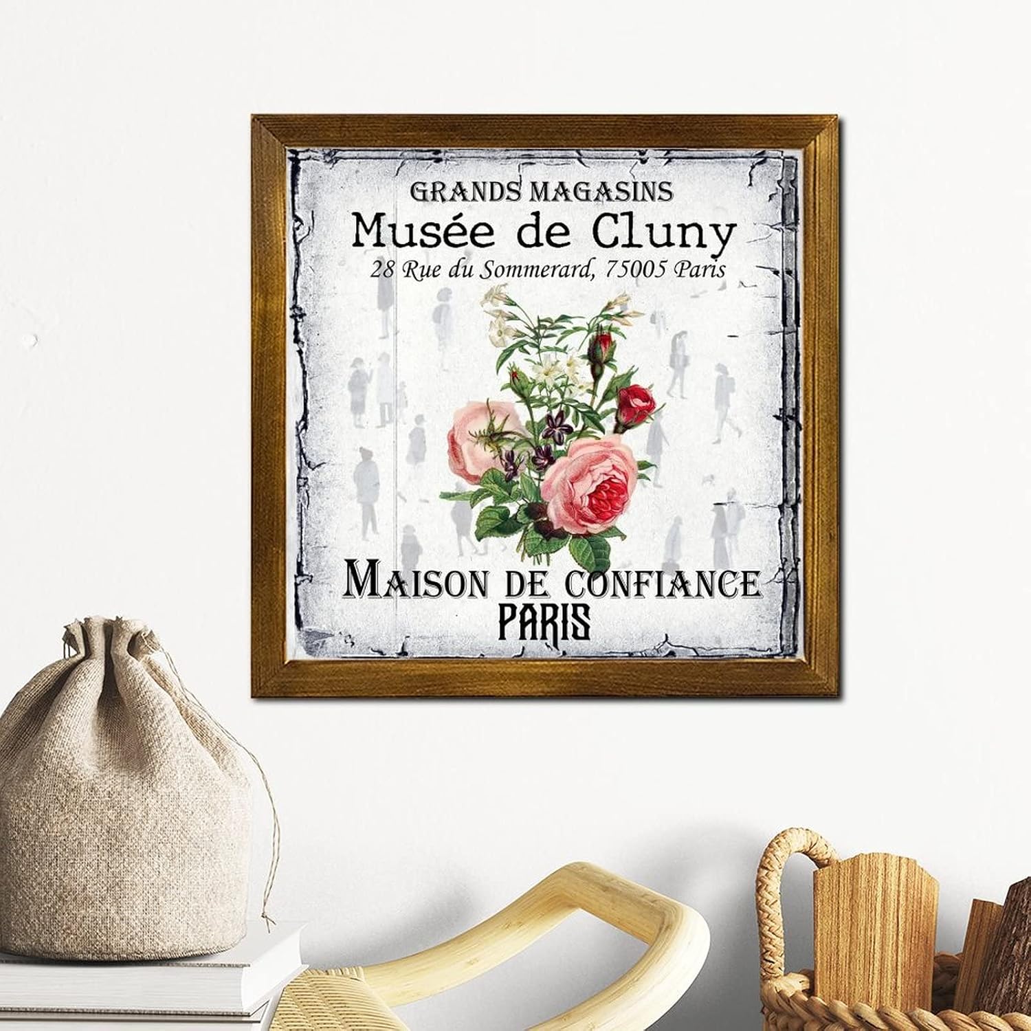 Maison De Confiance Musee De Cluny Wooden Framed Sign Vintage Rose Flower Wood Block Plaque Vintage Botanical Artwork Wall Decor Hanging Plaque Sign for Bedroom Wall Kitchen Home 12x12 inch