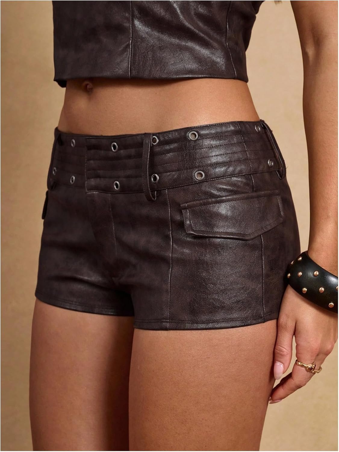 MakeMeChic Women's PU Leather Micro Mini Shorts Low Waisted Zip Fly Y2K Cowboy Chic Outfits - Image 2
