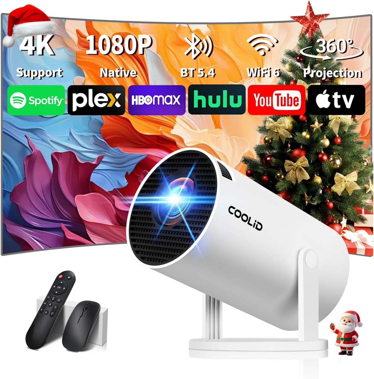 [Built-in Apps & 2025 Upgraded] Mini Projector Support 4K 1080P Auto Keystone 270° Rotatable with WiFi 6 and Bluetooth 5.4, Projector Portable Compatibile with HDMI/TV Stick/Memory Stick/Laptop-White