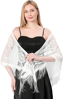 Triangle Lace Shawls and Wraps for Evening Dresses with Tassels for Evening Party Mesh Wedding Shawls (White)