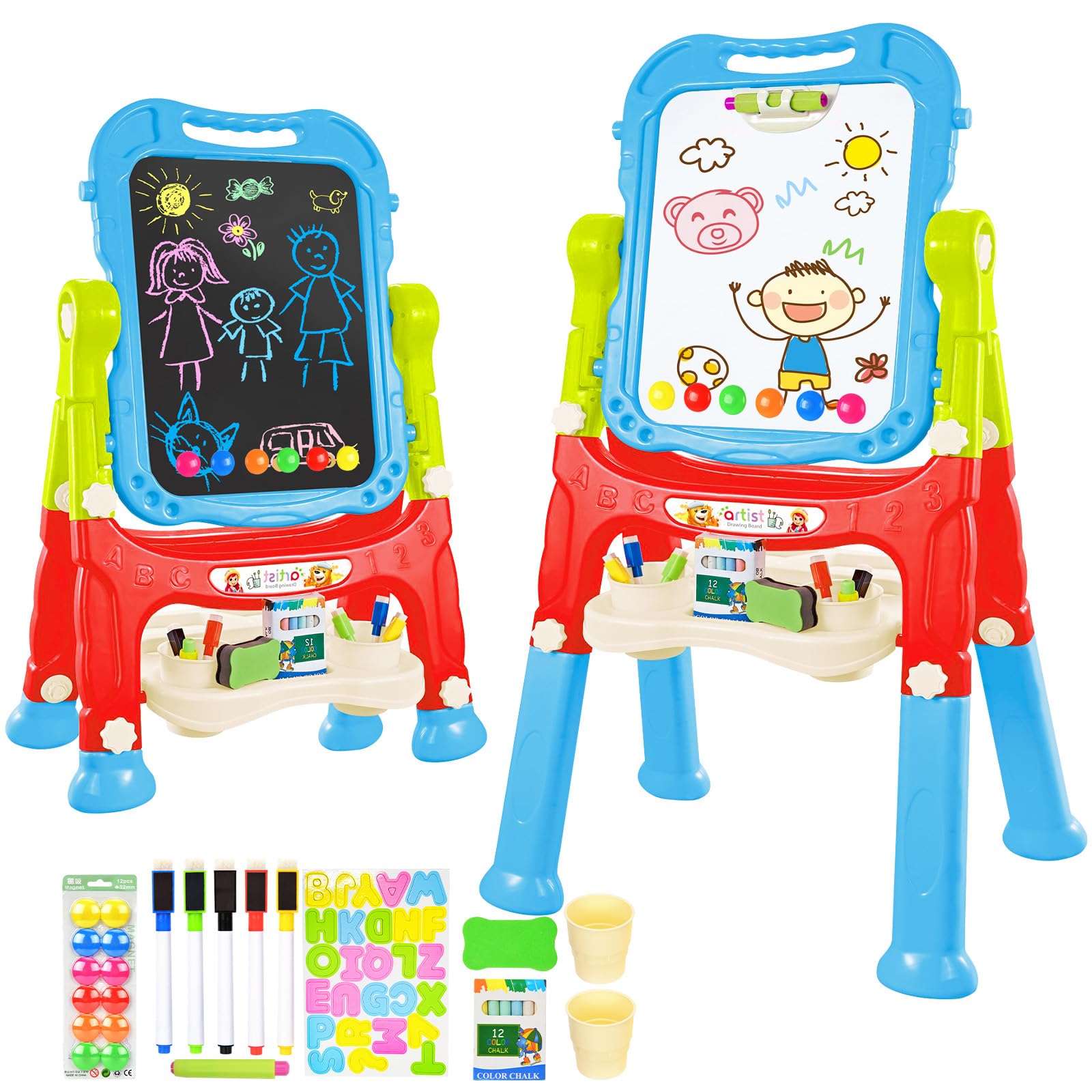 Amagoing Easel for Kids, Adjustable Standing Art Easel for Toddler, Double Side Drawing Board with Painting Accessories, Learning Toy Gift for Little Boys Girls Age 3 4 5, Blue