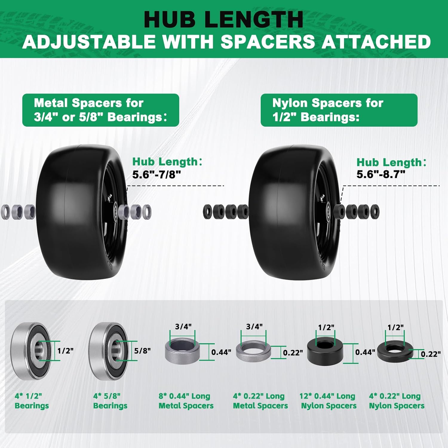 2pcs 13x6.50-6 Flat Free Lawn Mower Tires and Wheels, 13x6.5-6 Zero Turn Mower Front Tire With 3/4", 5/8", 1/2" Bearings, 5.6"- 8.7" Centered Hub, For Residential & Commercial Garden Lawn, Load 520LBS