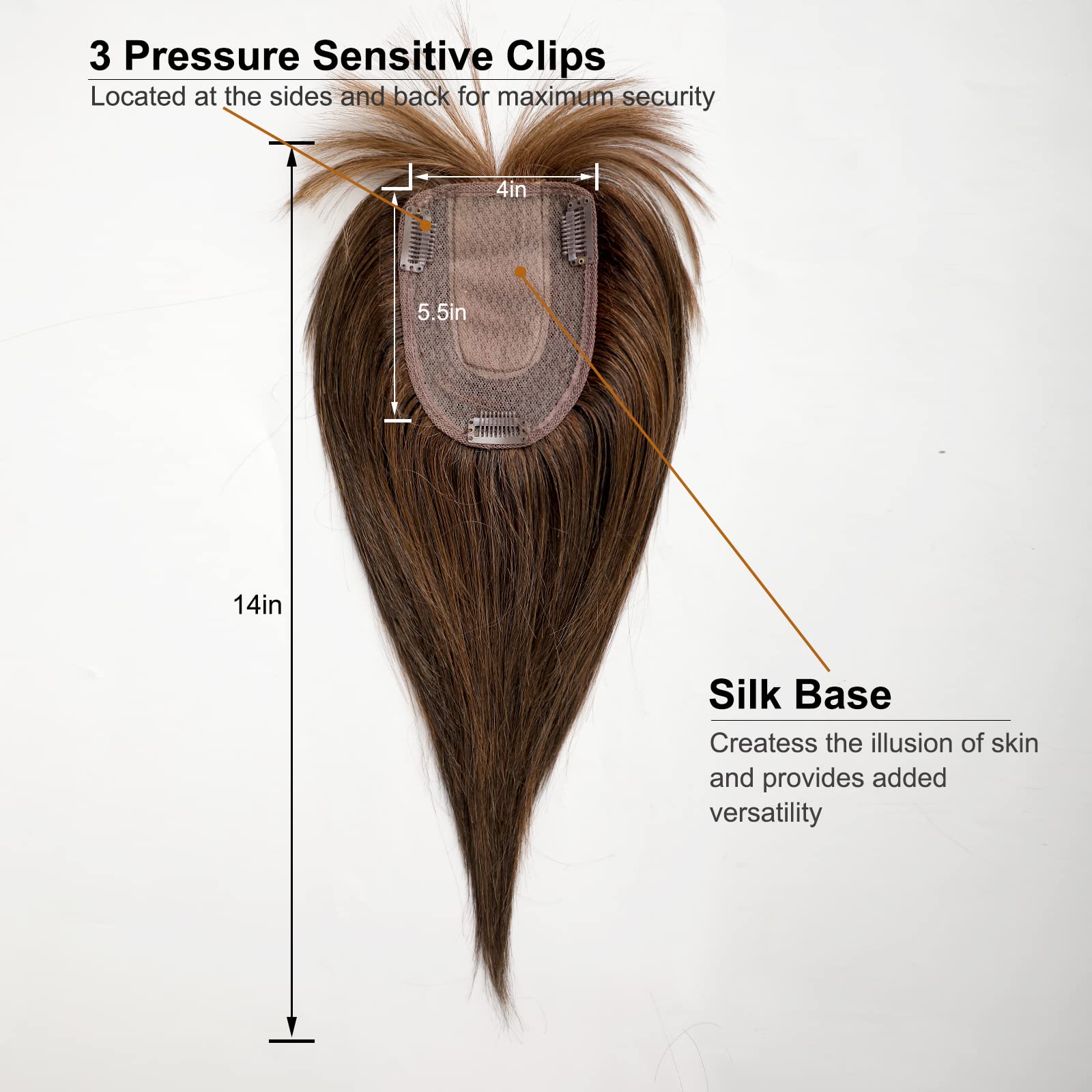 HAIRCUBE Top de cabello humano femenino, 100% Remy top con flequillo, 120% de densidad de fondo de seda real clip Top femenino 14in 40g-Marrón oscuro