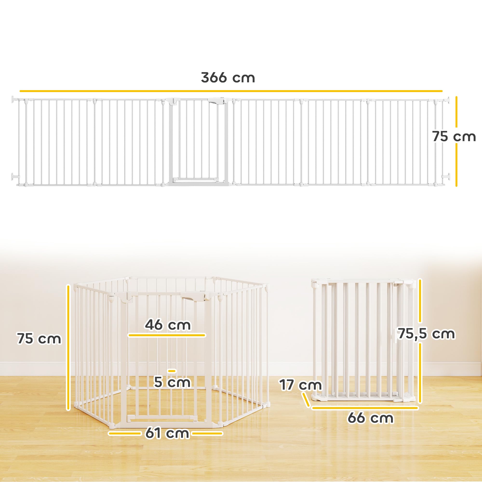 PawHut Barrière de sécurité Pliable et modulable, 366 cm, avec Porte à Double Verrouillage, Parc enclos pour Chien et Enfant, barrière de Protection cheminée en métal, 6 Panneaux, Blanc