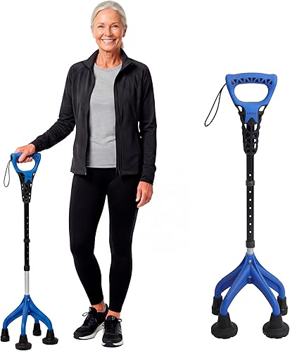 KMINA Quad Cane for Women and Men (Sturdy 3.3 lbs), 4 Prong Cane for Stability and Balance, Ergonomic Handle, Supports 350 lbs, Patented Design, Azul