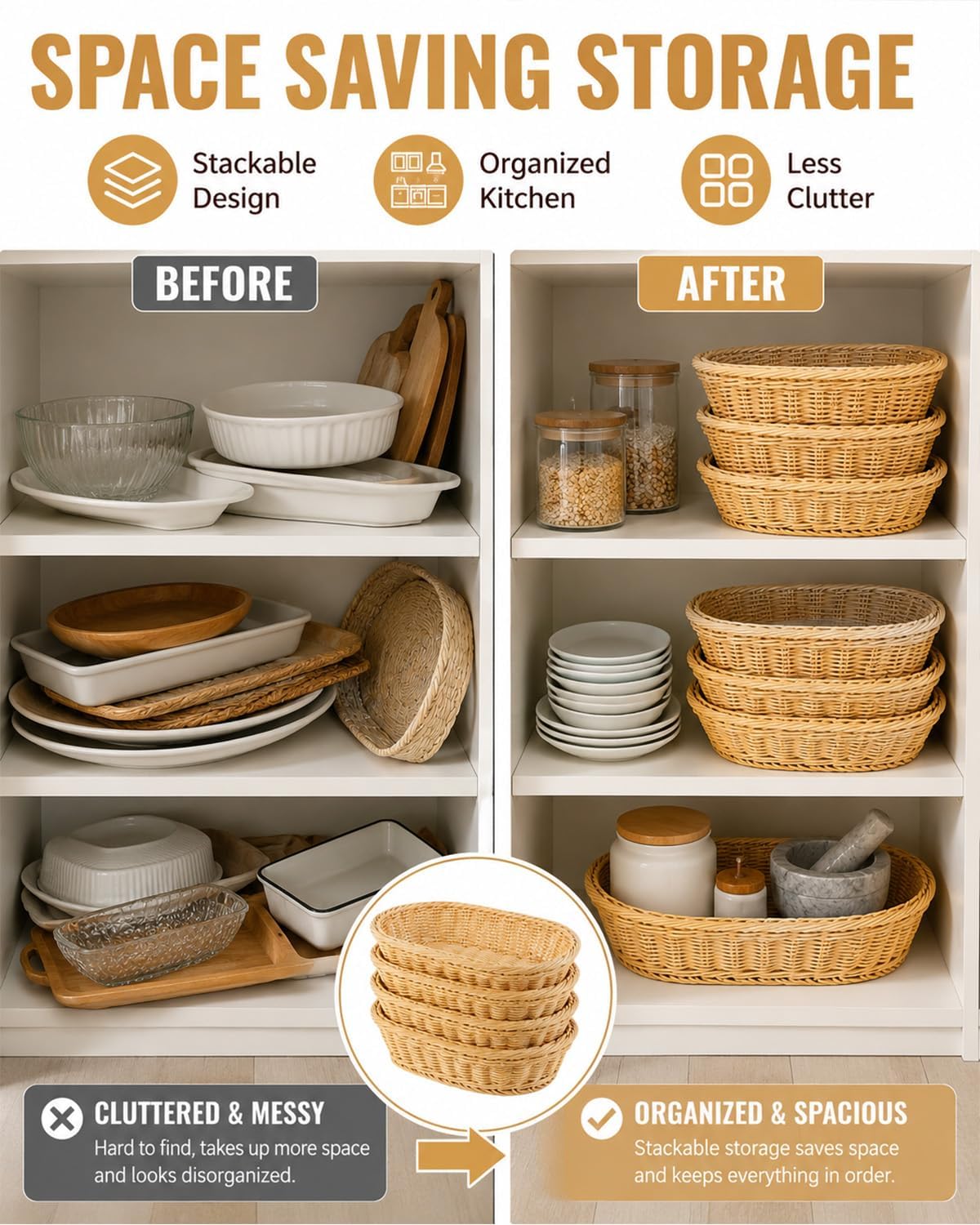Poly Wicker Bread Baskets, 5 Pack Imitation Rattan Woven Bread Baskets Plastic Oval Basket Plastic Wicker Fruit Basket for Food Serving, Vegetables, Kitchen, Restaurant, Outdoor (Beige)