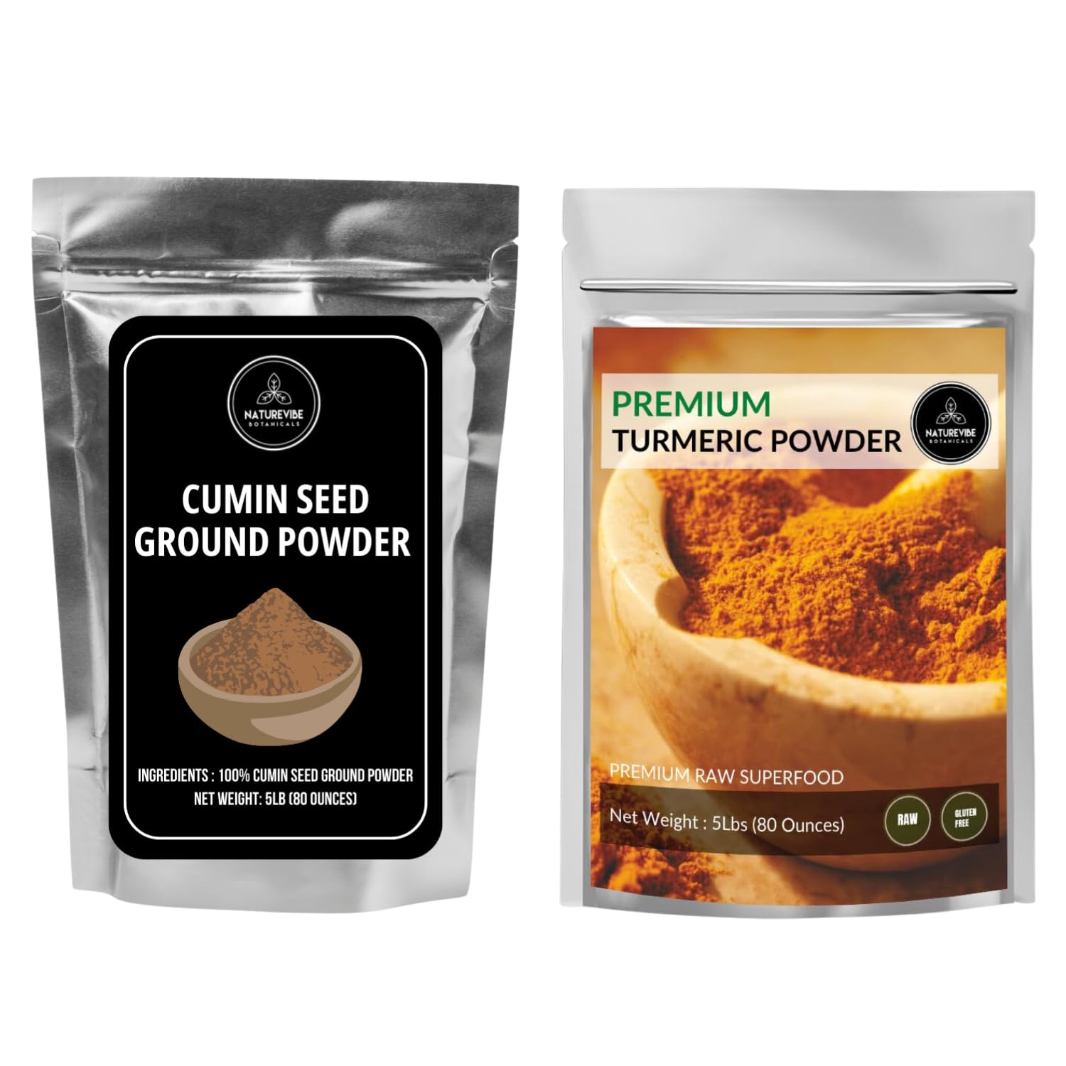 Naturevibe Botanicals Cumin Seed Powder, 5lb and Turmeric Root Powder 5lbs| Bulk Combo