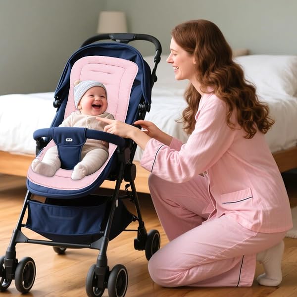 LAT Universal Pram Liner, Baby Pushchair Seat Liners, Cotton Double-Sided Use Baby Stroller Cushion Pad, Stroller Seat Pad for Toddler Infant 78x34cm (Beige+Pink) - 5
