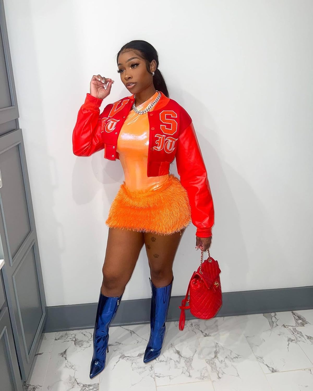 THLAI Women Varsity Jacket Button Down Cropped Faux Leather Jacket Letter Embroidery Jacket Short Baseball Outwear