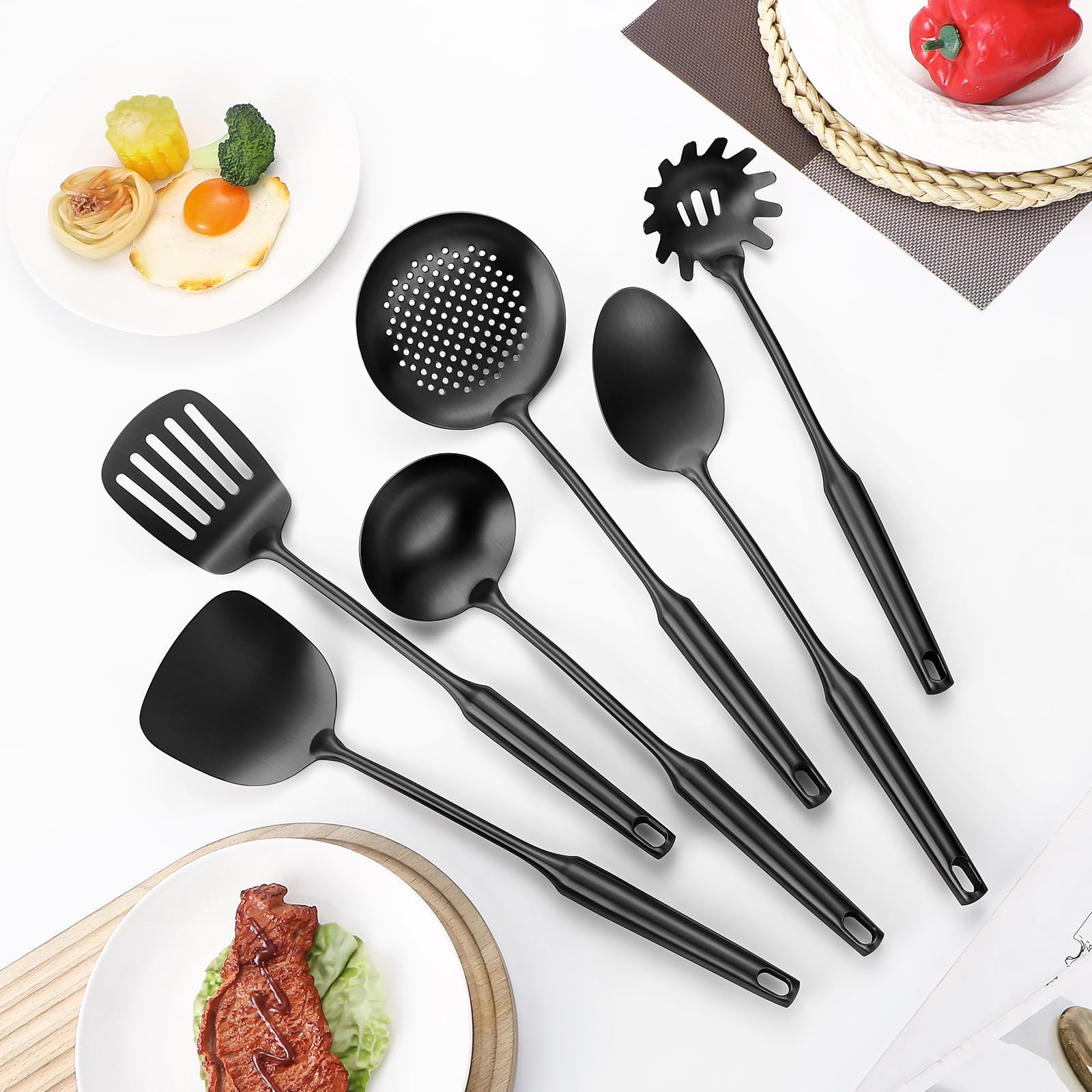 Küchenhelfer aus 304 Edelstahl, Küchenhelfer mit Pfannenwender, solider Löffel, Schöpflöffel, Skimmer, Spaghetti-Löffel, 6-teiliges Set, spülmaschinenfest (schwarz)