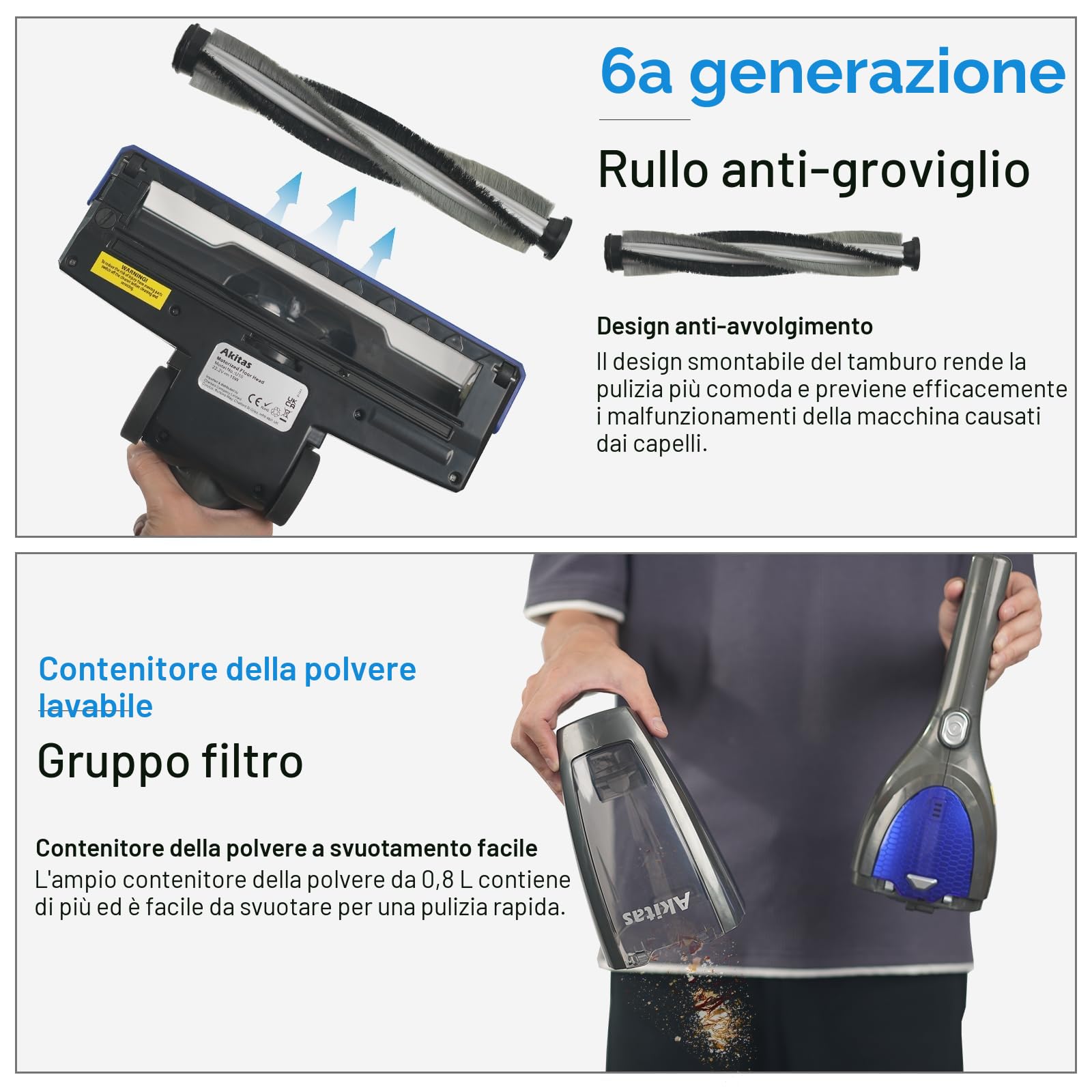 Akitas U10 2in1 Potente Aspirapolvere Senza Fili Scopa Elettrica Verticale a Batteria Leggero 22,2v 150W con Batteria al Litio Ricaricabile per Pavimenti, Tappeti e Peli degli Animali Domestici