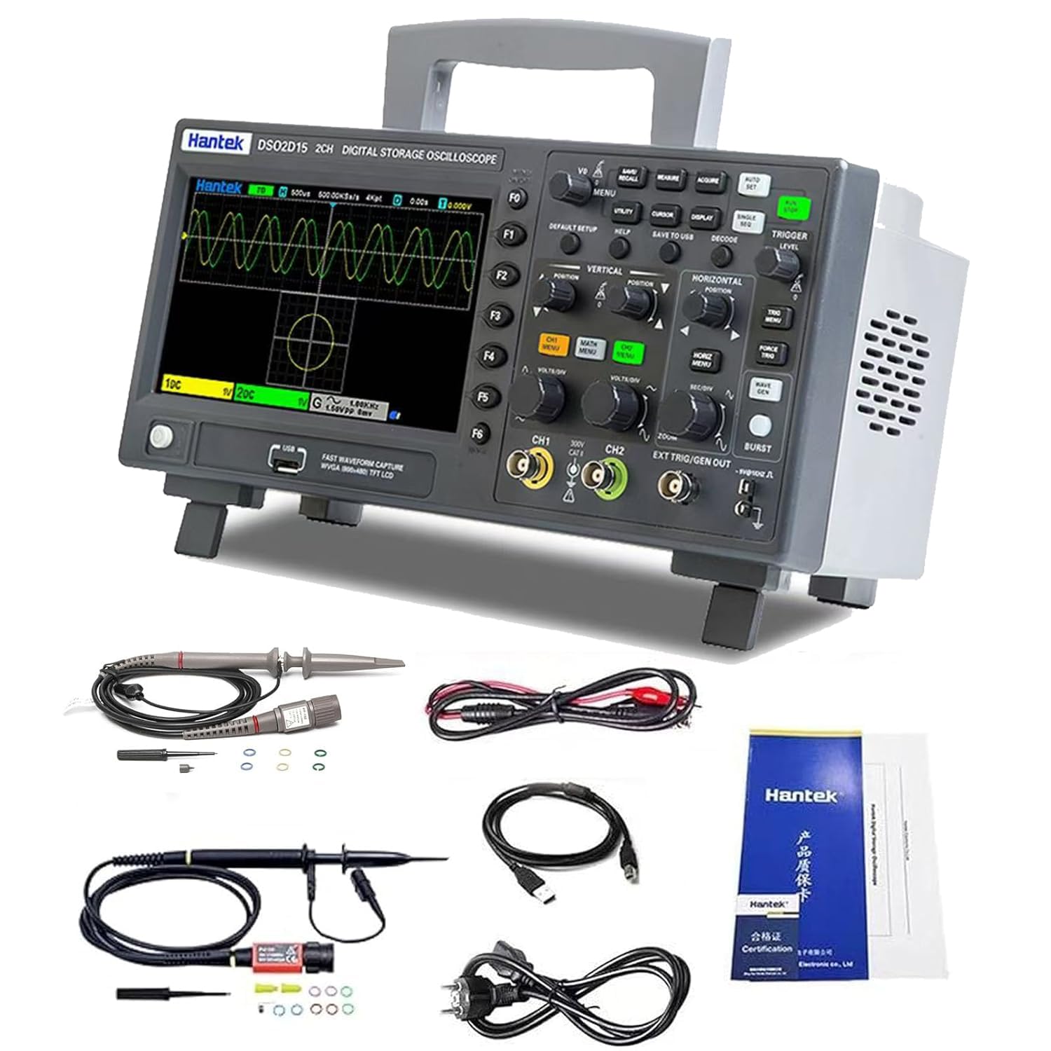 DSO2D15 Handheld Digital Storage Oscilloscope, 2 Channels, 150MHz Bandwidth, 1GSa/s Sampling Rate, 8M Storage Depth, Equipped with p4100 high Voltage Probe