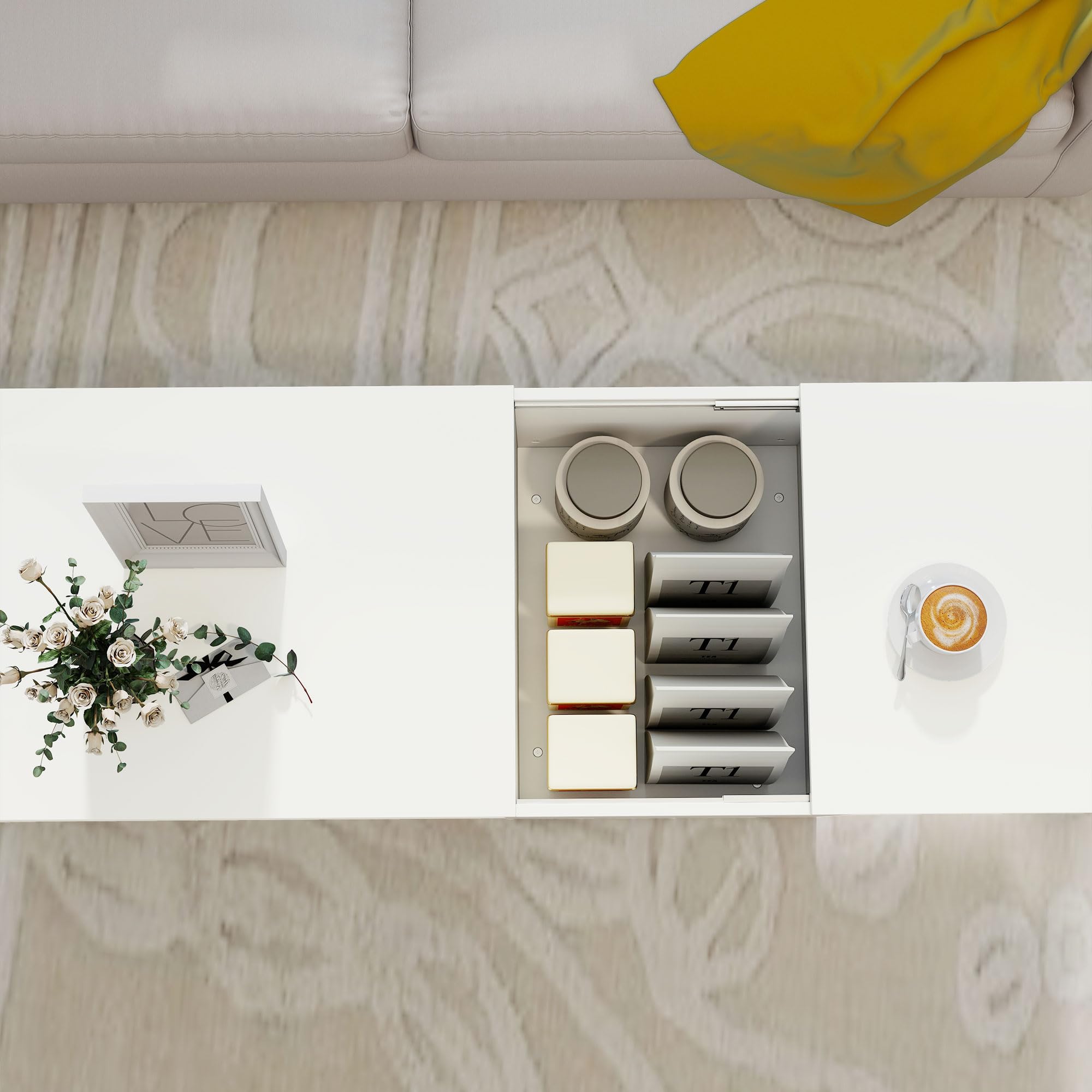 HOMCOM Mesa de Centro con Tablero Deslizante Moderna 110x52x36 cm Blanco | Mesa Baja para Salón Moderna, con Compartimento Oculto, Estante Abierto, para Comedor, Oficina