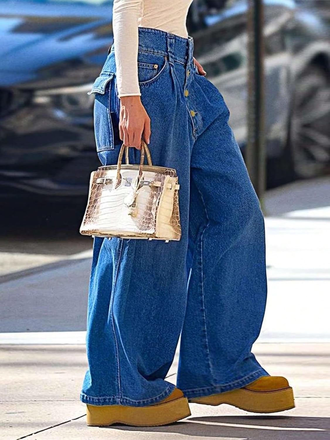 Women Wide Leg Jeans Low Rise Baggy Pants Cute Button Fly Denim Streetwear Edgy Boyfriend Sweatpant